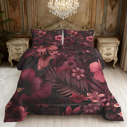 Tropical Floral Comforter Set King Size 3Pc, Burgundy Leaf Flower Pattern Down Alternative Bed Comforter, 2 Pillow Shams, Soft All Season Bedding, Tropical Floral Bedroom Decor