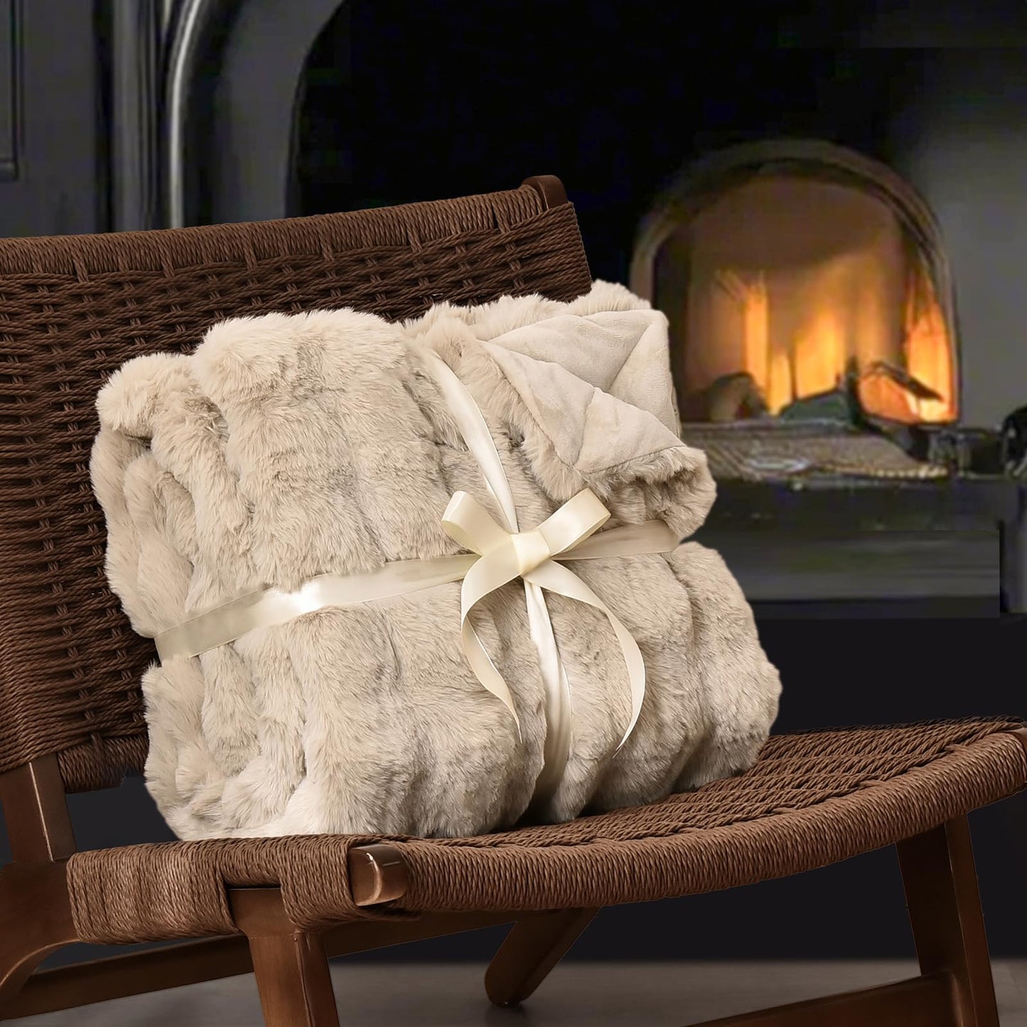 PHF Luxury Faux Rabbit Fur Throw Blanket, Ultra Soft Fluffy Plush Cozy Warm Bubble Blanket for Bed, Couch, Chair, Sofa Decorative, Thick Reversible Throw Suitable for Fall & Winter, 50" x 60", Oak