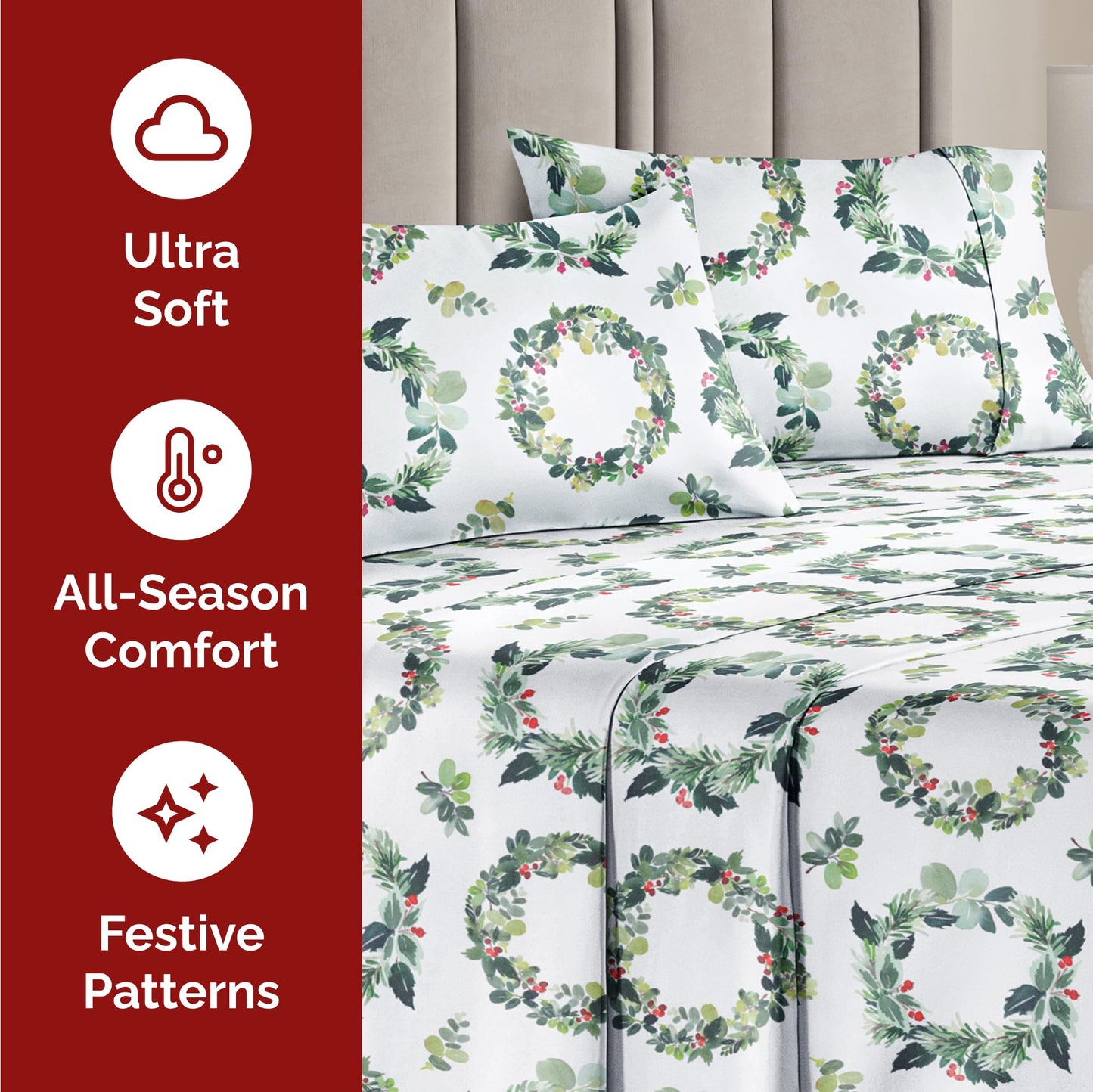 King Christmas Holiday Wreath Sheet Set - Holiday Xmas Pattern Bedding Set - Deep Pockets - Snug Fit - 4 Piece - Wrinkle Free - Cooling Comfy Festive Winter Holiday Sheets for Women, Men, Kids & Teens