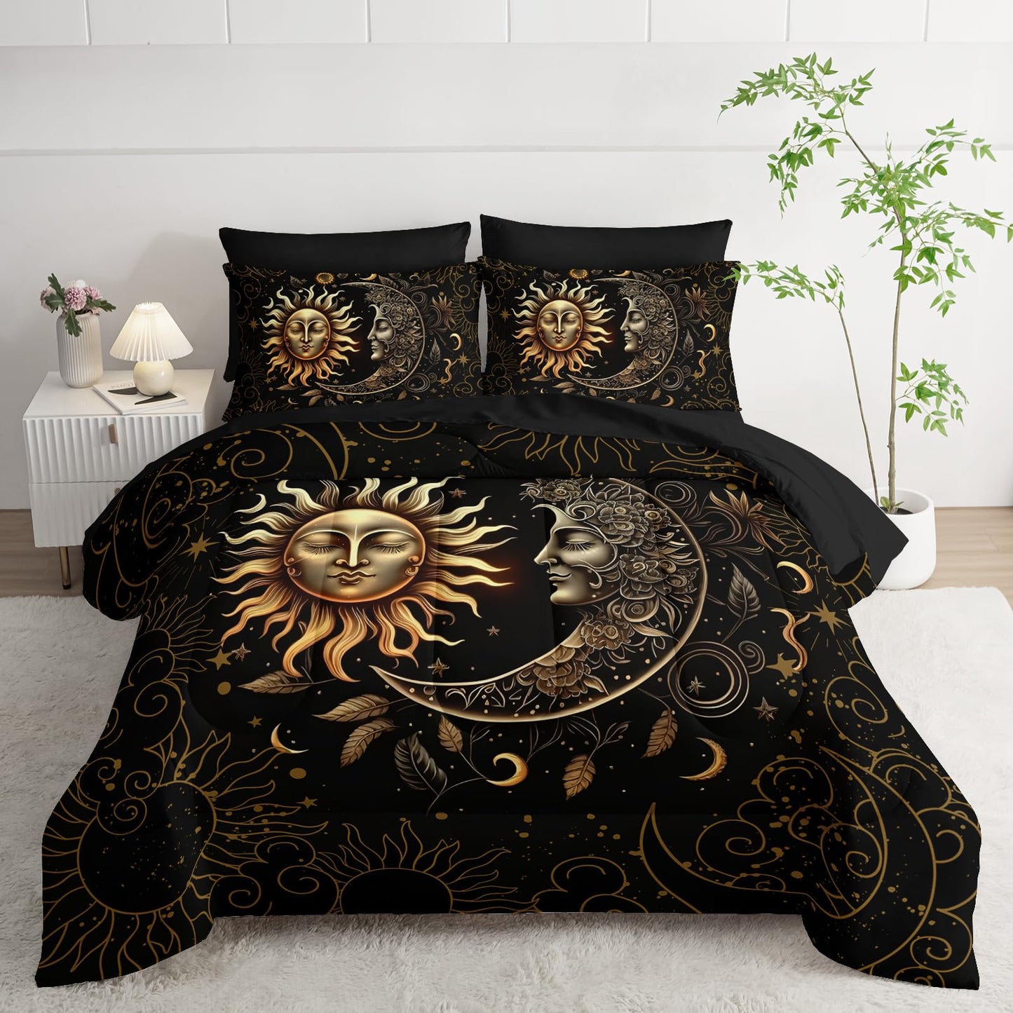 AILONEN Sun and Moon Comforter Set Twin - 7Pcs Soft Black Gold Boho Bed in a Bag -Including Comforter,Fitted Sheet,Flat Sheet,2 Pillowcases,2 Pillow Shams for Room