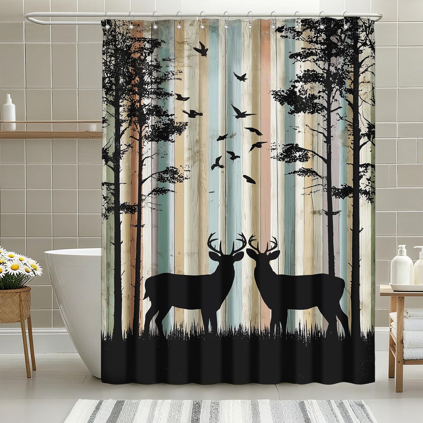 mutakin Rustic Deer Shower Curtain Cabin Farmhouse Lodge Shower Curtains for Bathroom Waterproof Fabric Bath Curtain Decor with Hooks
