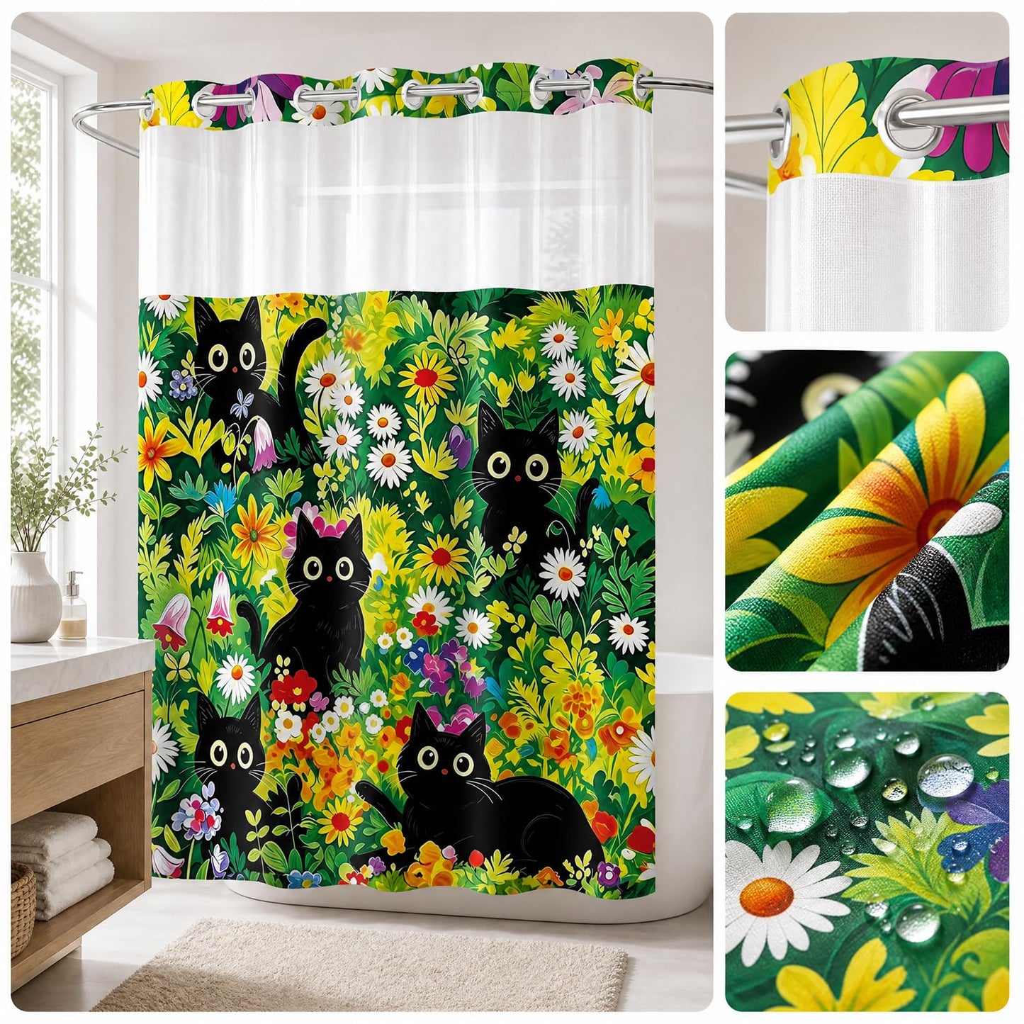 VISSTREE No Hook Shower Curtain and Liner Set, Black Cat Shower Curtain
