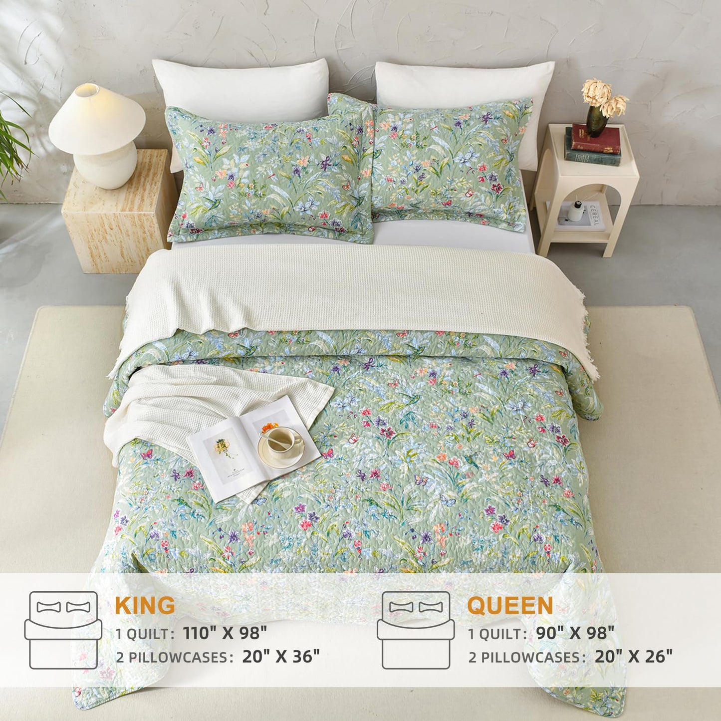 Sanracie Cotton Quilt Queen Size(90"x98")-Green Floral Quilted Bedspreads Set,3pcs Green Flower Bird Butterfly Print Botanical Quilt Bedding Coverlet Summer Soft Lightweight Aesthetic Bedding