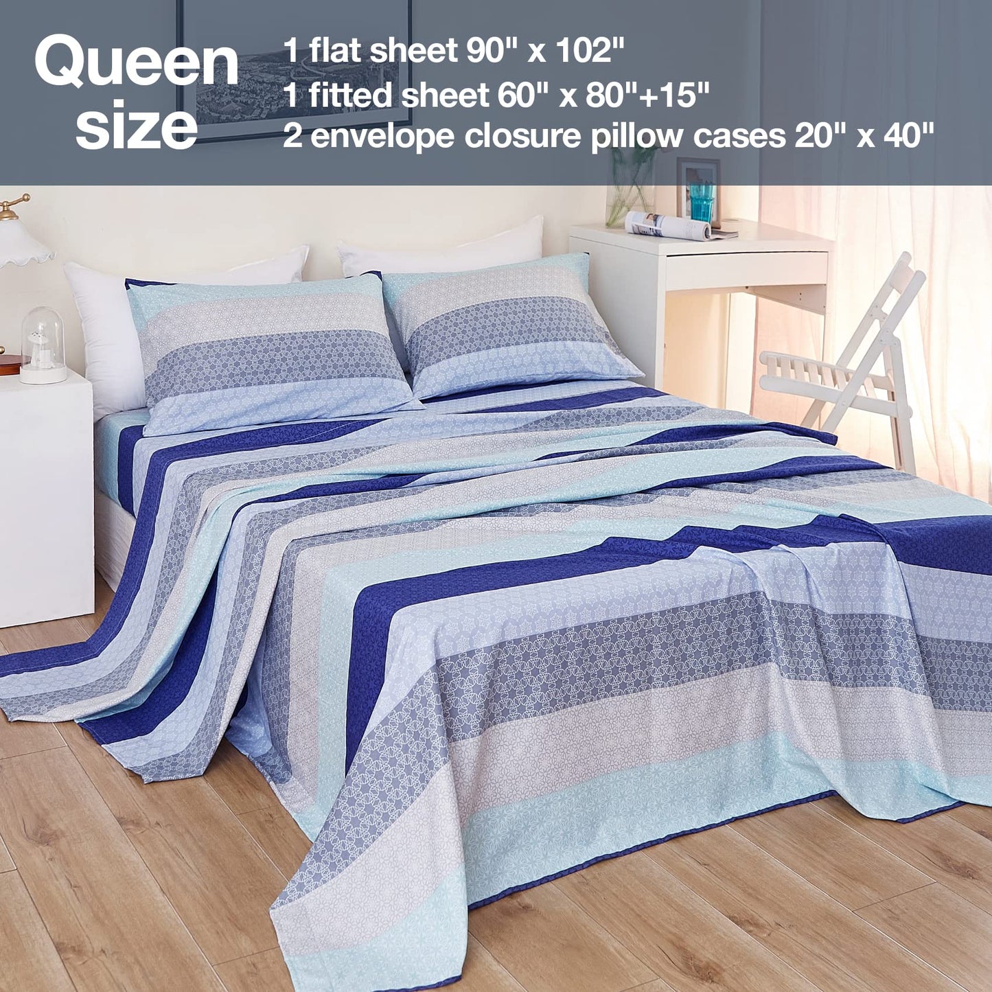 JSD Blue Striped Sheet Set Queen Size, 4 Piece Soft Printed Microfiber Sheet Set Extra Deep Pocket