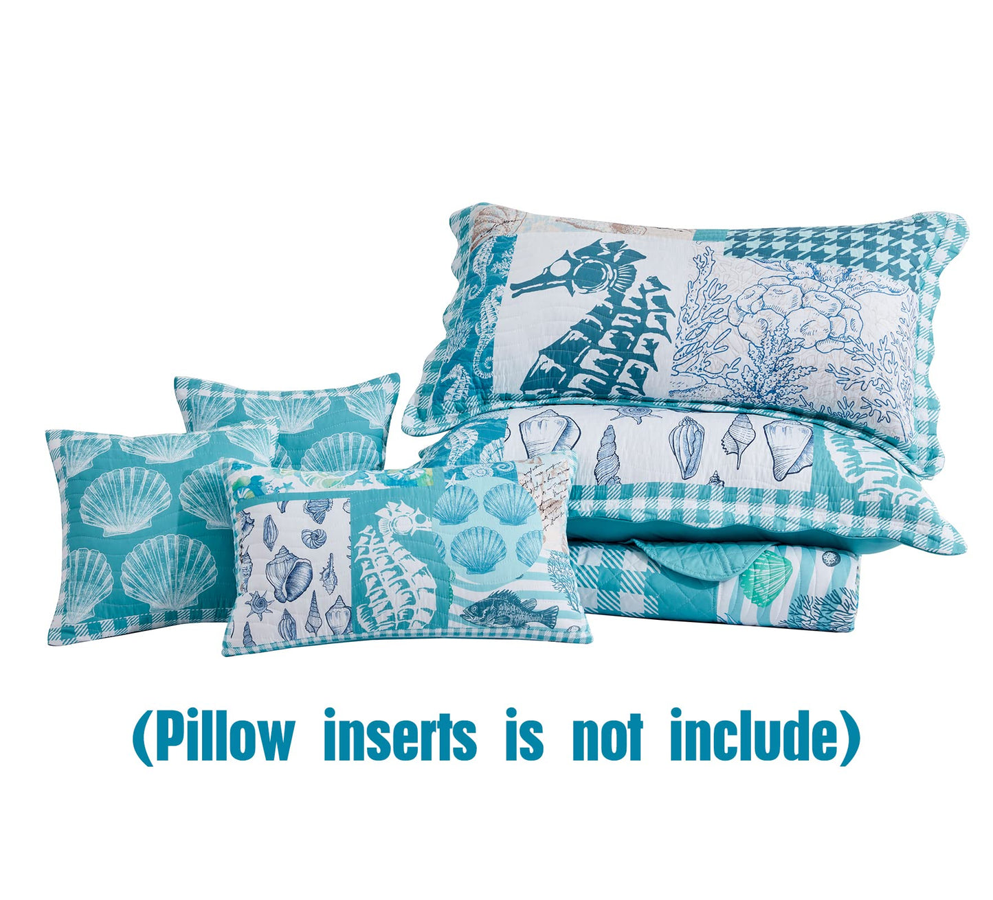 HZ & HY Coastal Oversized King Bedspread 128x120 Extra Wide, Reversible Beach Pattern Quilt Set King/Cal King, Lightweight Coverlet, Scalloped Edge - Nautical Coastal Look, 6 Piece, Seahorse