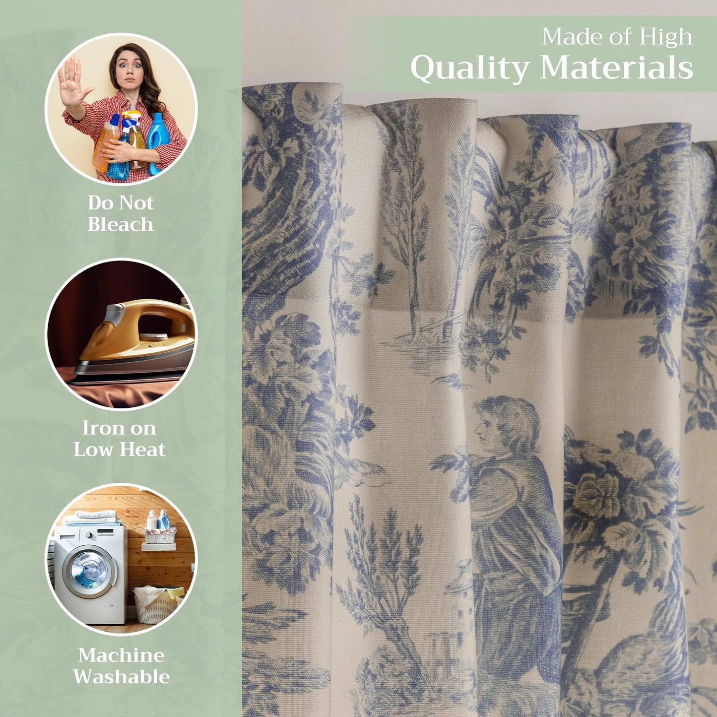 Maison d' Hermine Curtains for Living Room 100% Cotton 96 inch Length One Panel Light Filtering Toile Curtains for Bedroom Windows with Rod and Loop Pockets Drapes (The Miller Blue, 50" W x 96" L)