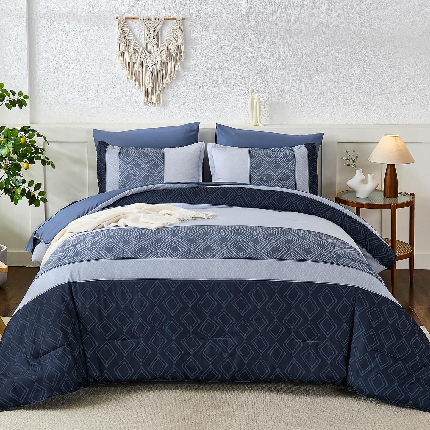 Dinjoy Boho Queen Comforter Set Mineral Blue,7 Piece Bed in a Bag Queen Size Lightweight Striped Bedding Sets with Plaid Comforters with Sheets for Family All Season
