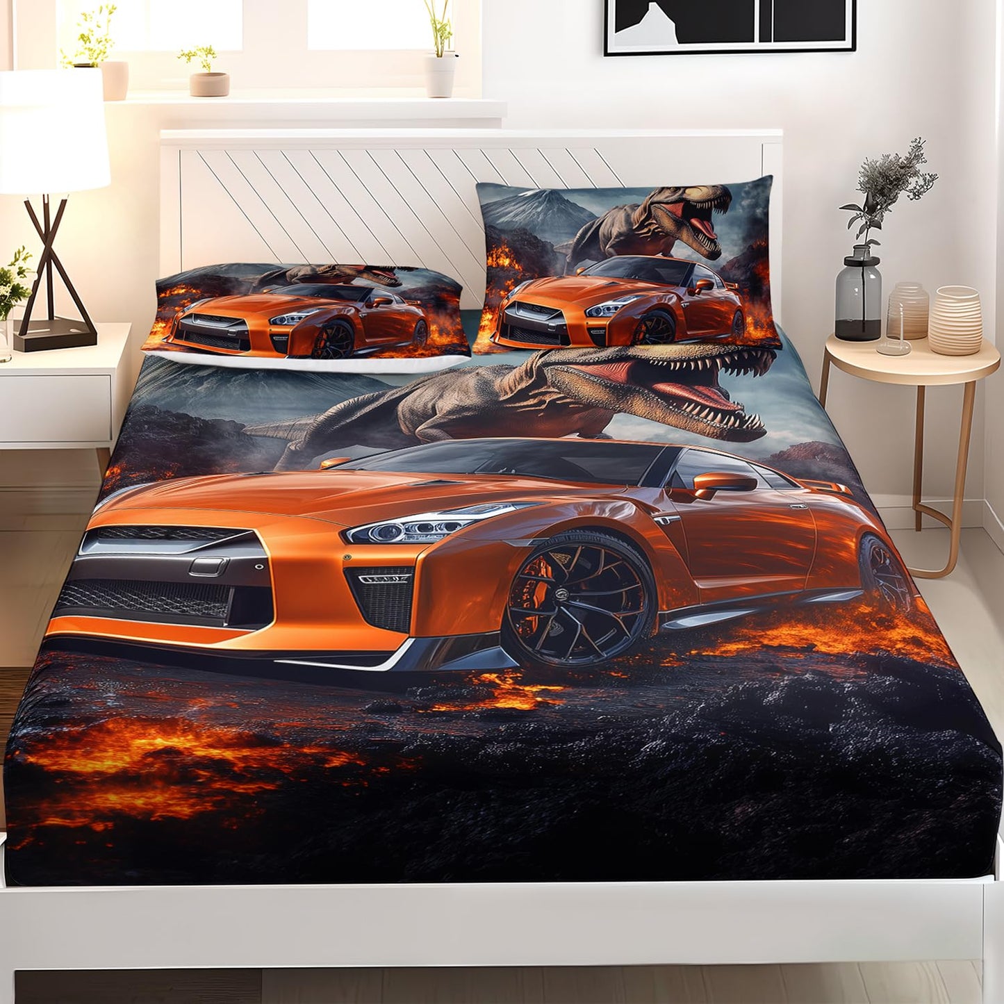 AILONEN Boys Racing Car & Dinosaur Bedding Set Twin Size,3-Piece Soft Kids Cool Dinosaur Speed Car Fitted Sheet with 2 Pillowcases