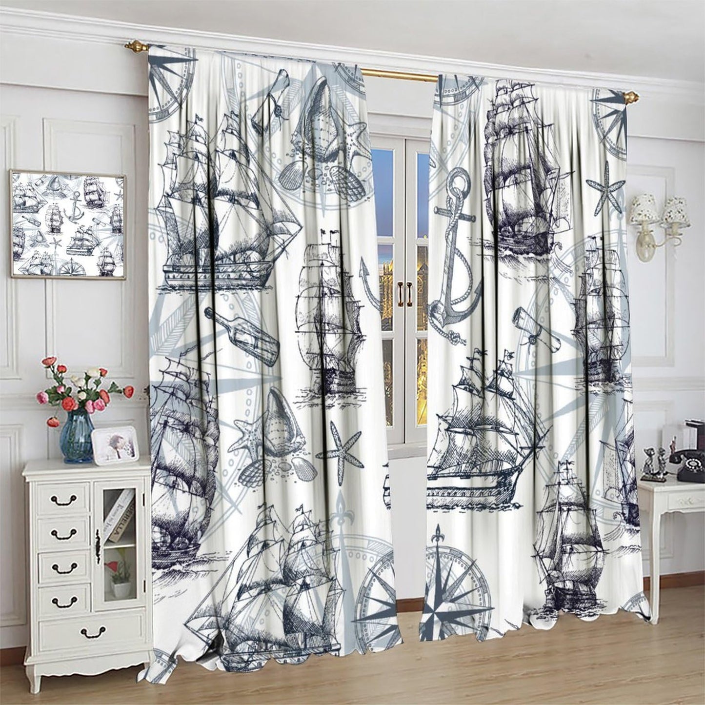XBDDZSW Nautical Sailboat Map Curtains Sketch Pirate Ship Wheel Compass Starfish Coral Reef Nautical Map Pattern Print Window Drapes for Bedroom Living Room Kitchen Decor,2 Panel Set,42x45 Inch Decor