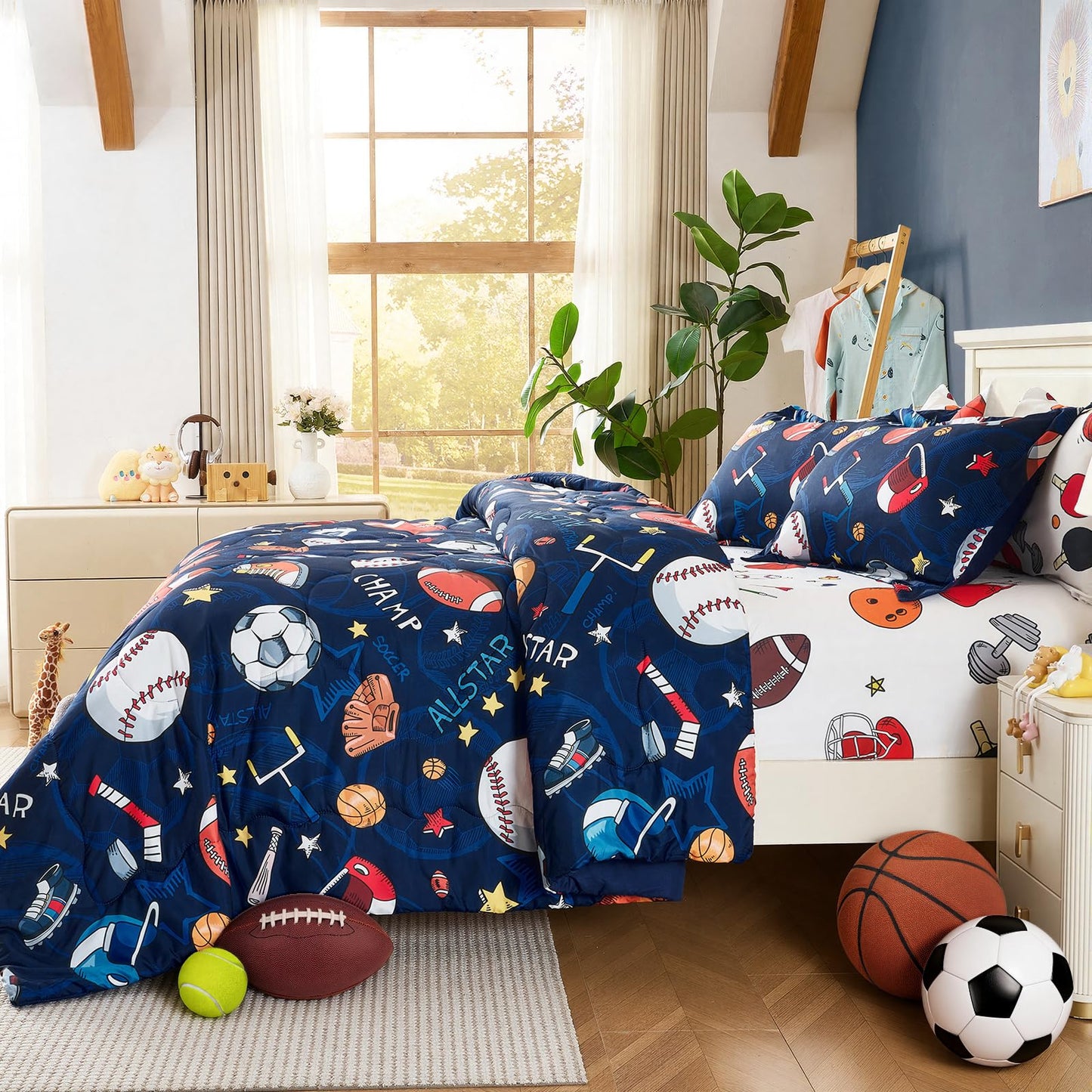 Jameswish 7 Pieces Sports Comforter Set for Boys Kids Soft Fluffy Baseball Bedding Set Twin Size with 3D Soccer Basketball Football Design Bed in A Bag as Gifts