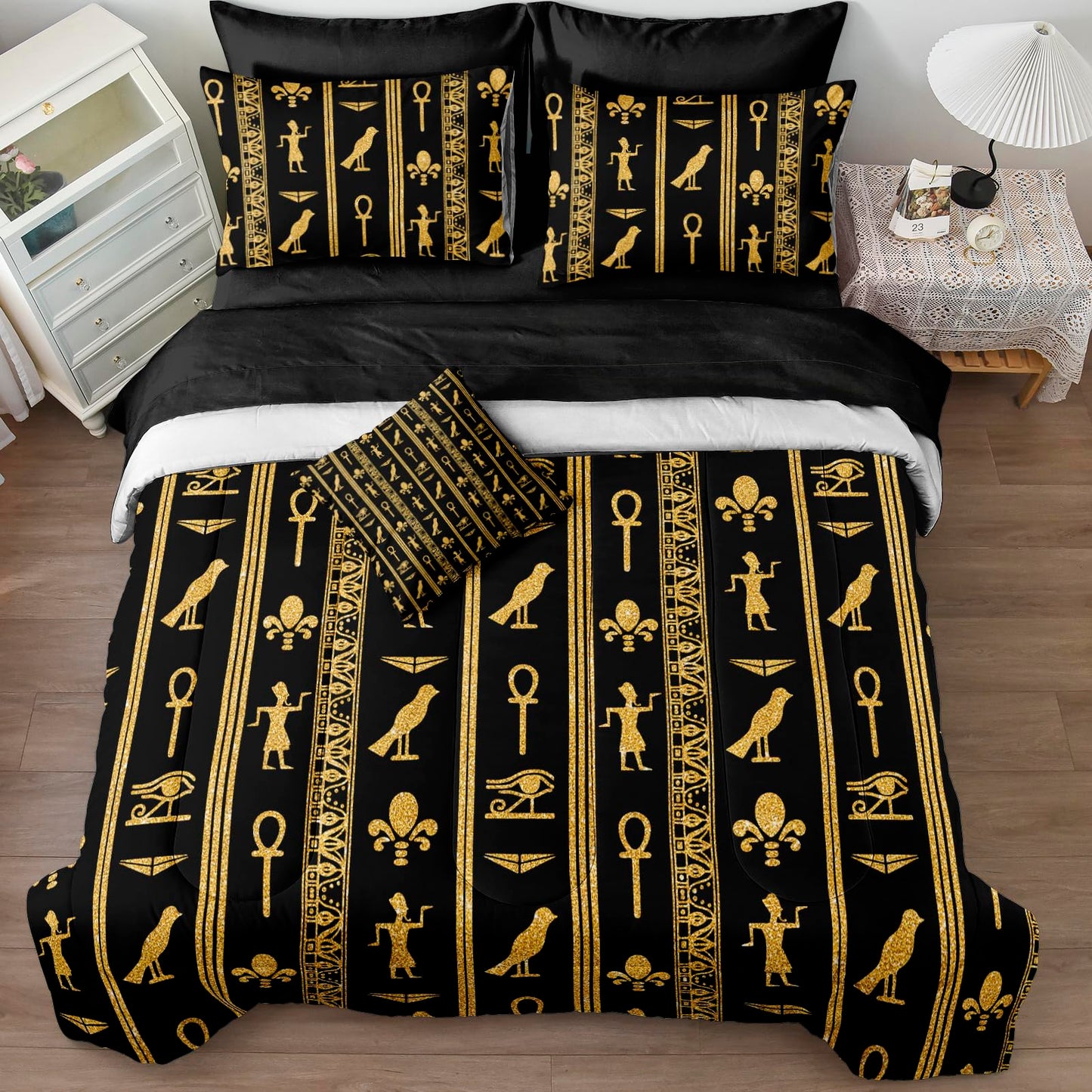Black Gold Queen Bedding Set - Ancient Egyptian Vintage Pharaoh Pyramid Pattern Boho Tribal Comforter Sheet Set with 1 Cushion Cover (Queen, Black)