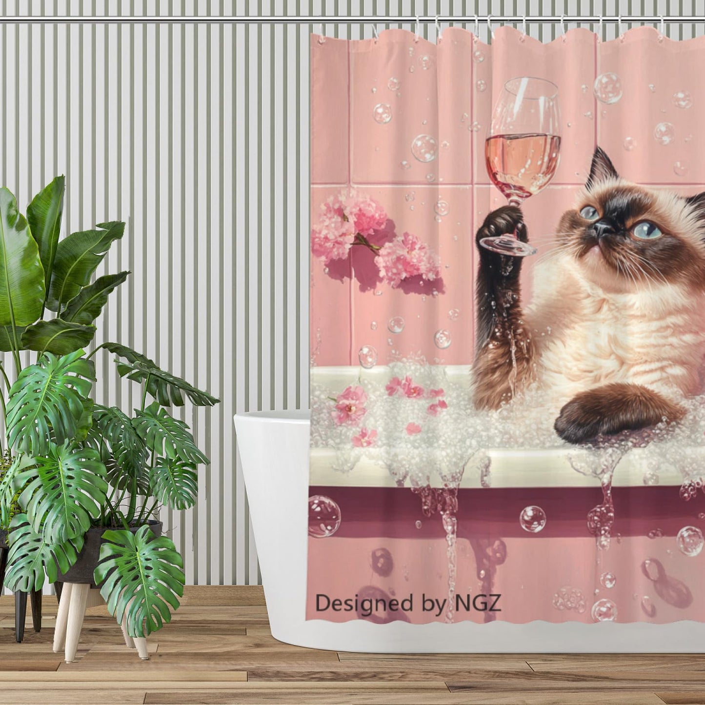 NGZ Funny Siamese Cat Shower Curtain, SPA Siamese Cat with Wine, Pink Shower Curtain, 72x72 Inches Floral Shower Curtains for Bathroom, Bath Curtains Set with 12 Hooks