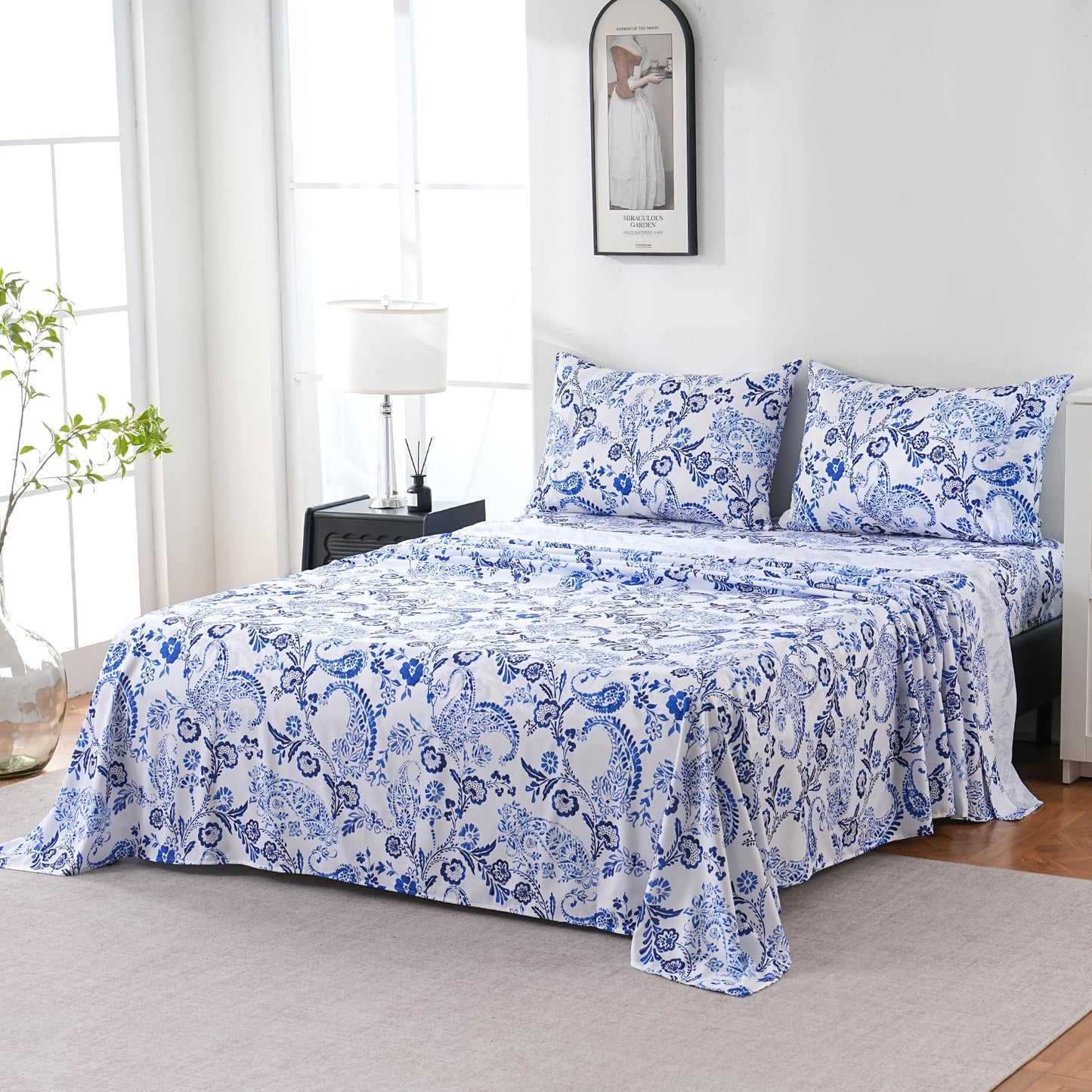 Yibeizi King Size Sheets Set Deep Pocket Blue Floral Bed Sheet Sets, Paisley Printed Soft Microfiber Oeko-Tex Hypoallergenic Sheets & Pillowcases Wrinkle Free Bedsheets