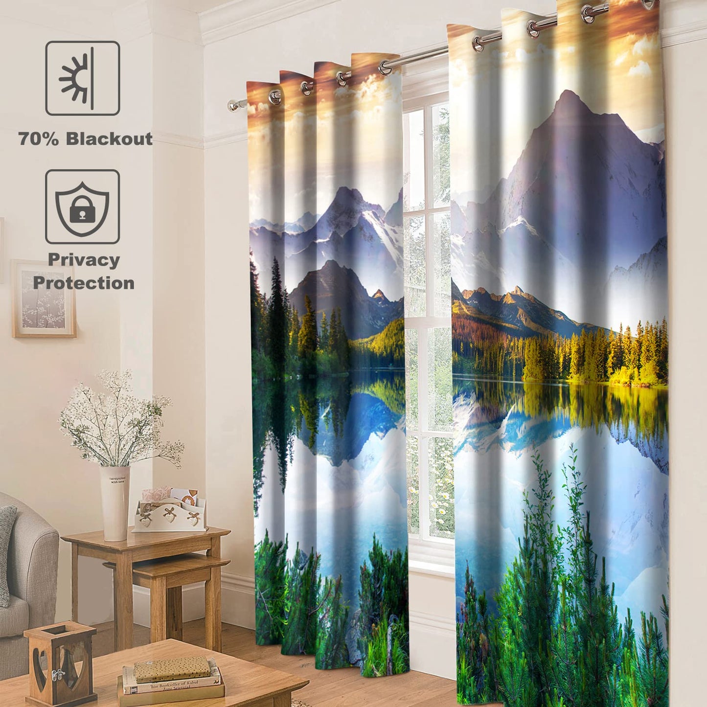 Jekeno Mountain Forest Blackout Curtains Tree Lake in Sunny Sky Nature Scenery Decor for Bedroom Living Room Grommet Window Drapes 2 Panel Set, 52"x84"