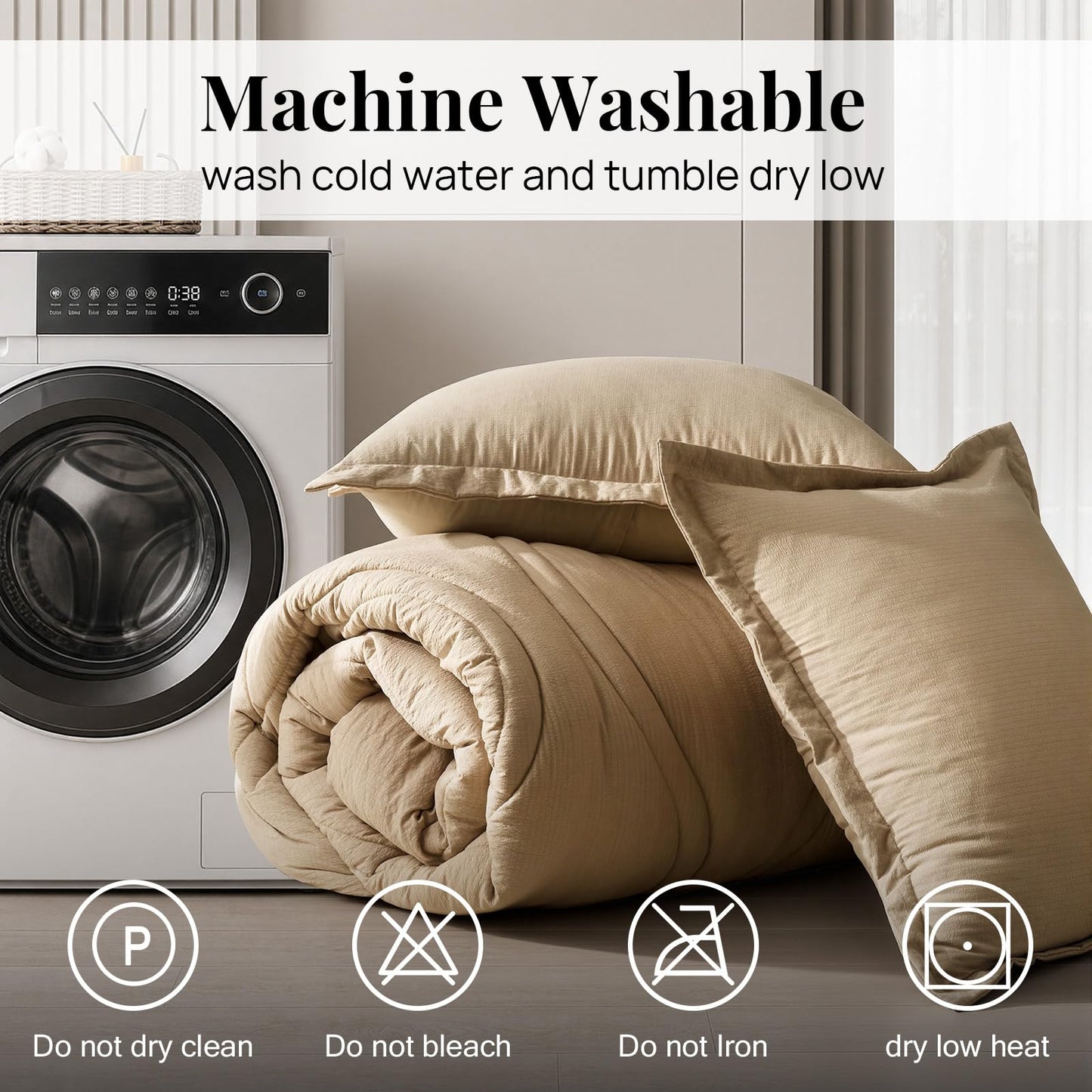 King Size Comforter Set 3 Pieces: Taupe Quilted 104"X90" Comforter With Vase Striped Pattern Design- Modern Dark Khaki Cozy Fluffy Soft All Seasons Jacquard Bed Set with 2 Pillow Shams for Bedroom