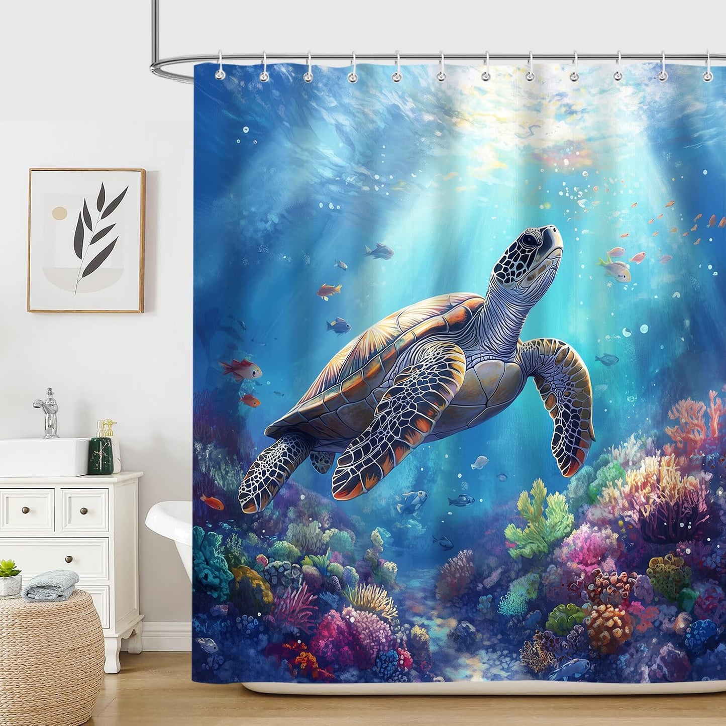 iTapnoom Sea Turtle Shower Curtain，Ocean Tropical Fish Coral Marine Life Teal Blue Shower Curtain Set for Bathroom Decor, Washable Waterproof Fabric with 12 Hooks Accessories, 72x72 inche