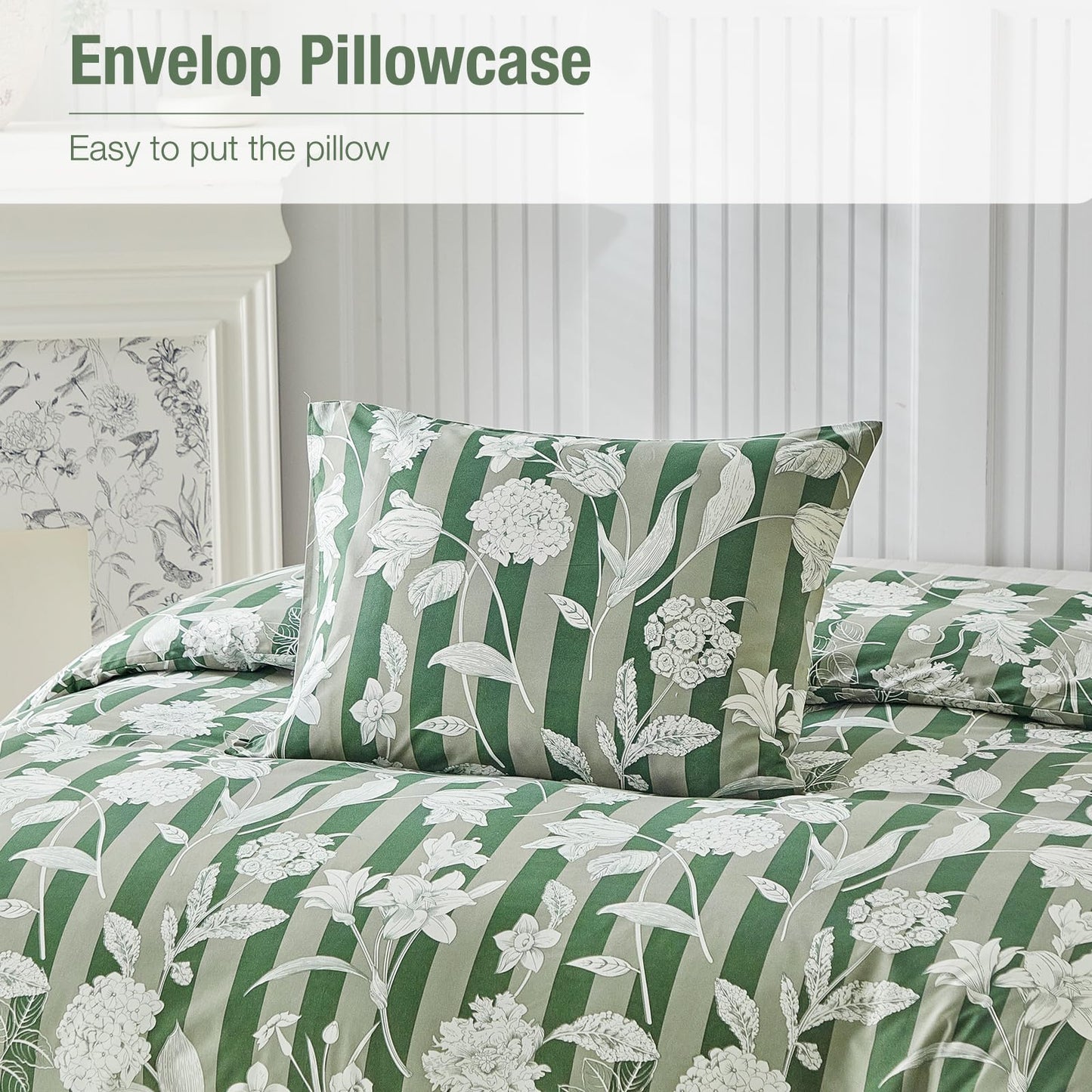 Lekesky Green Floral Duvet Cover King Size, Stripes Comforter Cover King Size Floral Printed Duvet Set, 3 Pieces Soft Microfiber Bedding Set with 8 Zipper Ties (King, 104"x90")