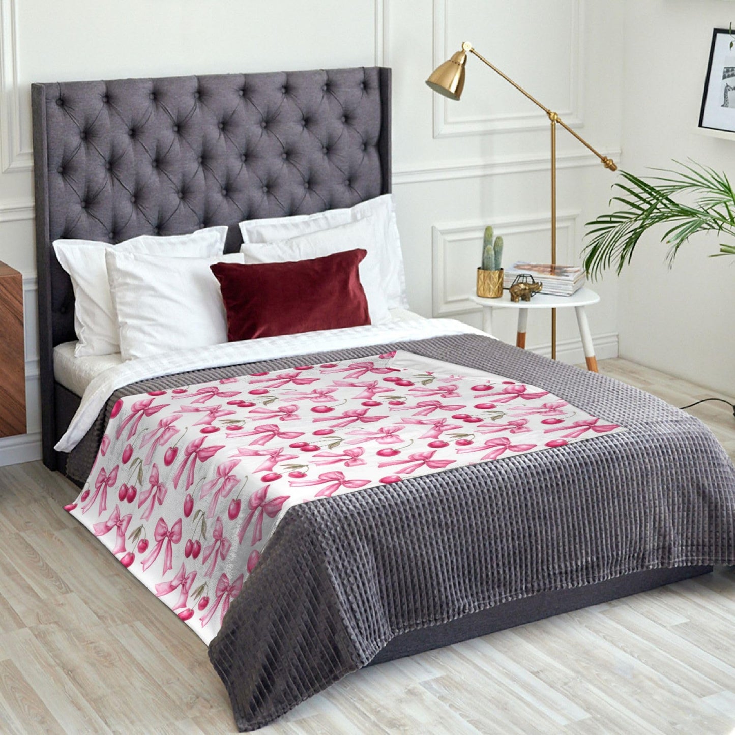 Pink Bow Cherry Flannel Throw Blanket Soft Cozy Blanket for Living Room Couch Sofa Bed 50 x 60 Inches
