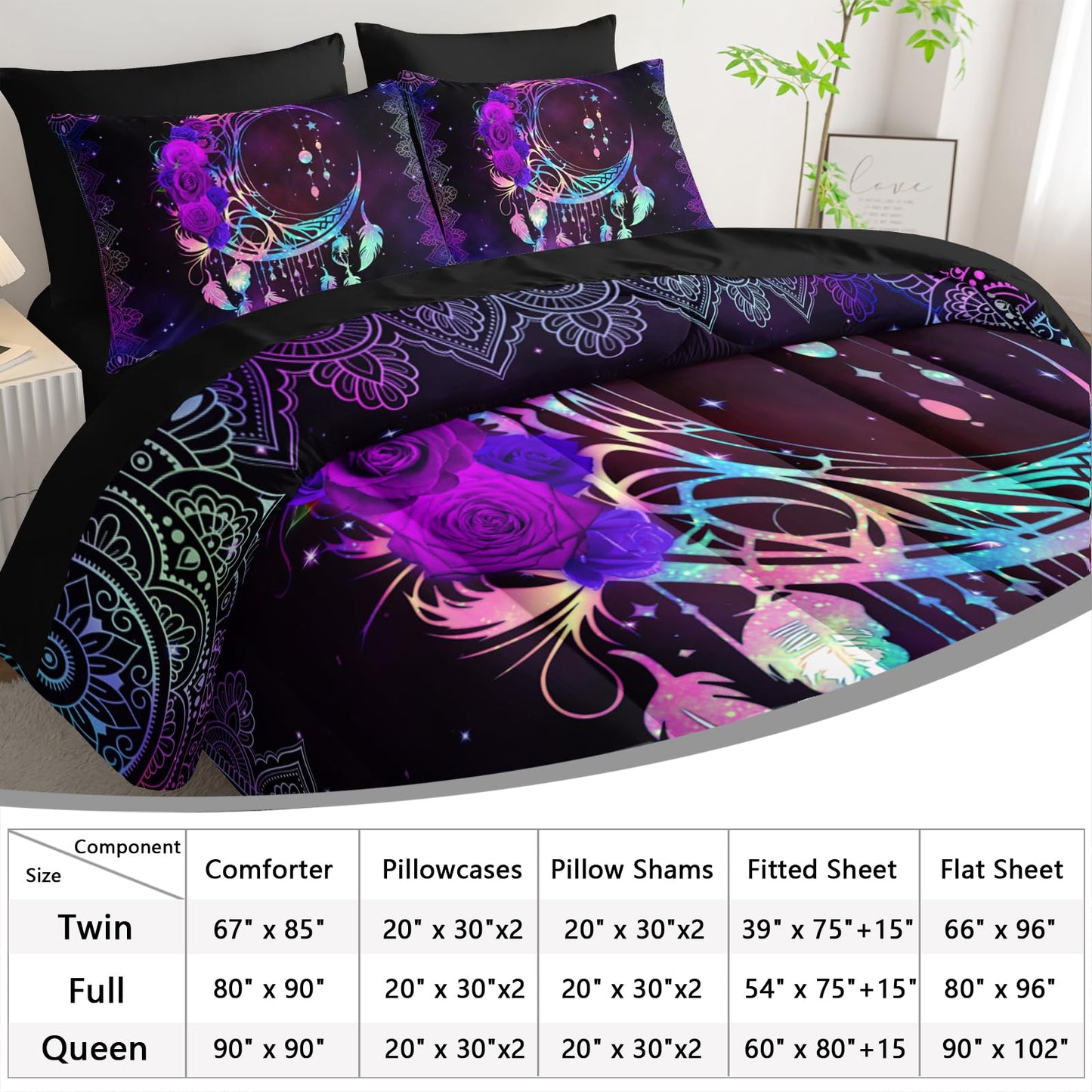 AILONEN Moon Dream Catcher Comforter Set - 7Pcs Soft Queen Size Bed in a Bag - Neon Mandala Boho Comforter,Fitted Sheet,Flat Sheet,2 Pillowcases,2 Pillow Shams for Room Decor