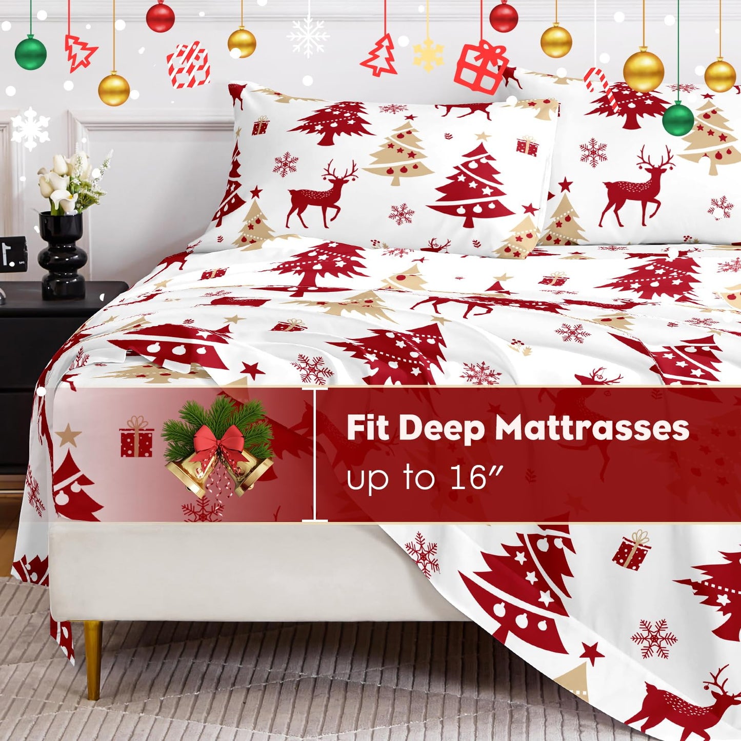 HCORA Christmas King Size Sheets Set, Luxury 1800TC Hotel Quality Double Brushed Microfiber Deep Pocket Bed Sheets, Ultra Soft, Breathable, 4PC, King