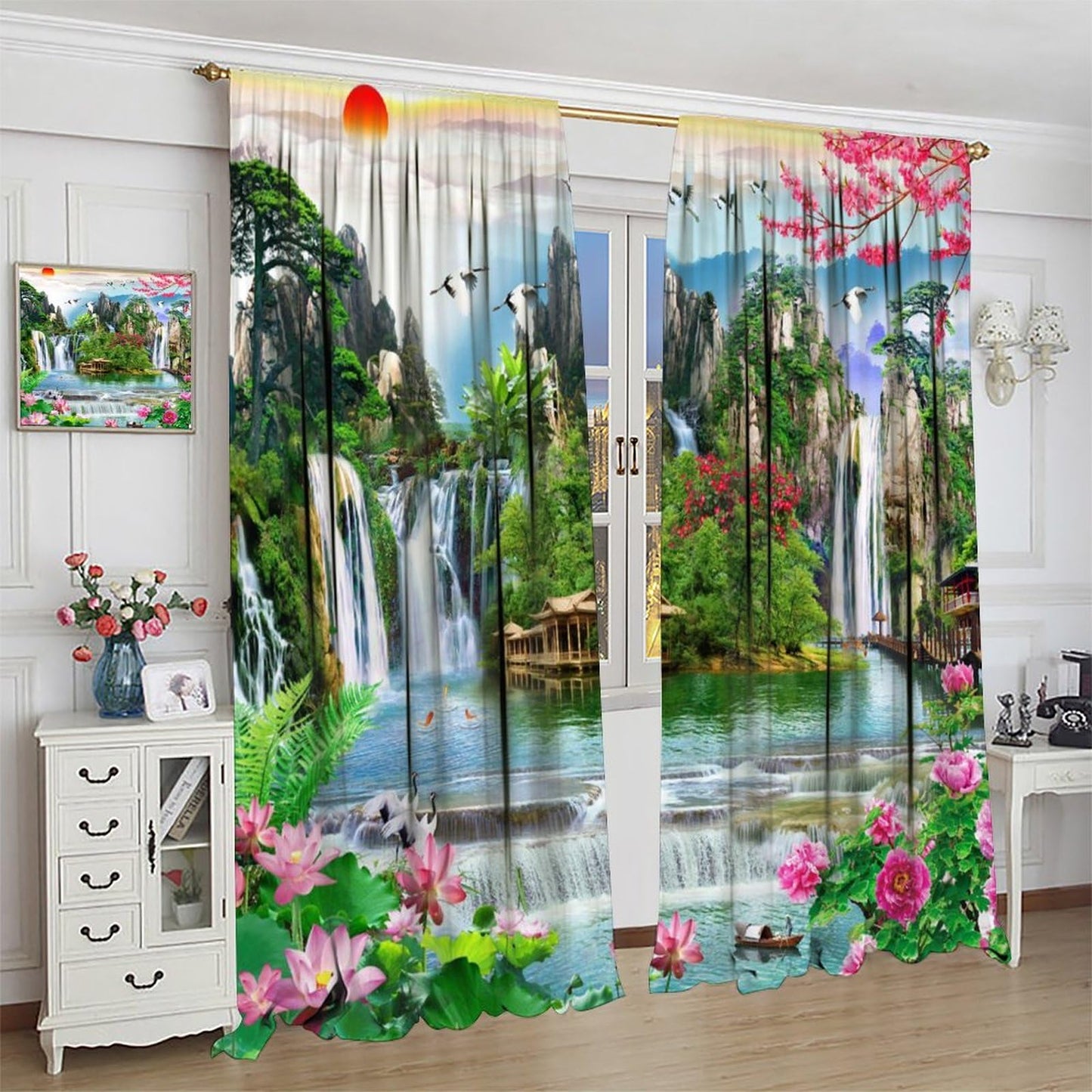 Forest Waterfall Curtains Spring Summer Jungle Scenery Art Printed Blackout Window Drapes for Bedroom Living Room Decor Fabric Set 2 Panel 42x45 Inch 80% Shading Rate
