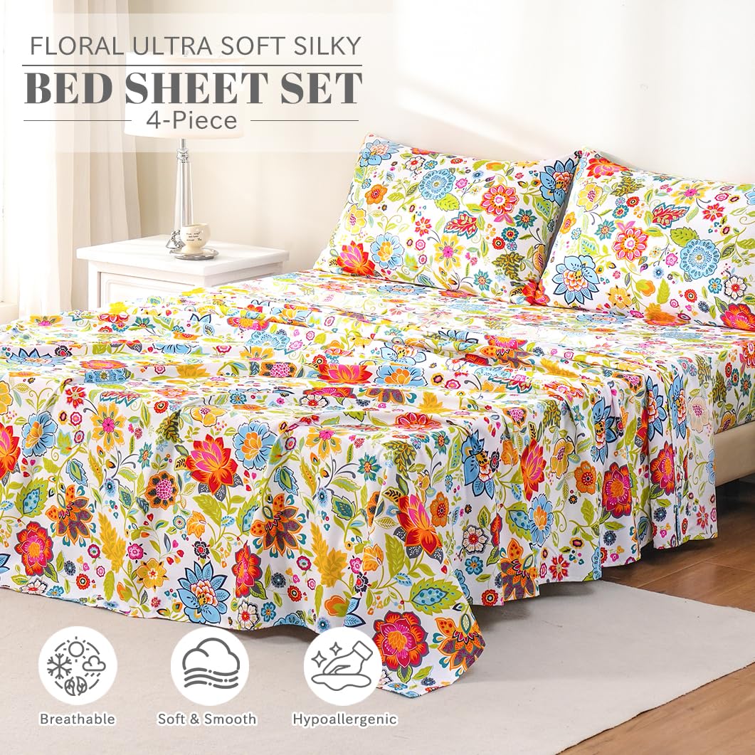 Bedlifes King Sheet Set Ultra Soft, Breathable, Silky Flower Deep Pocket 100% Microfiber Bedding, 4 Piece King Size with Floral Spring Design