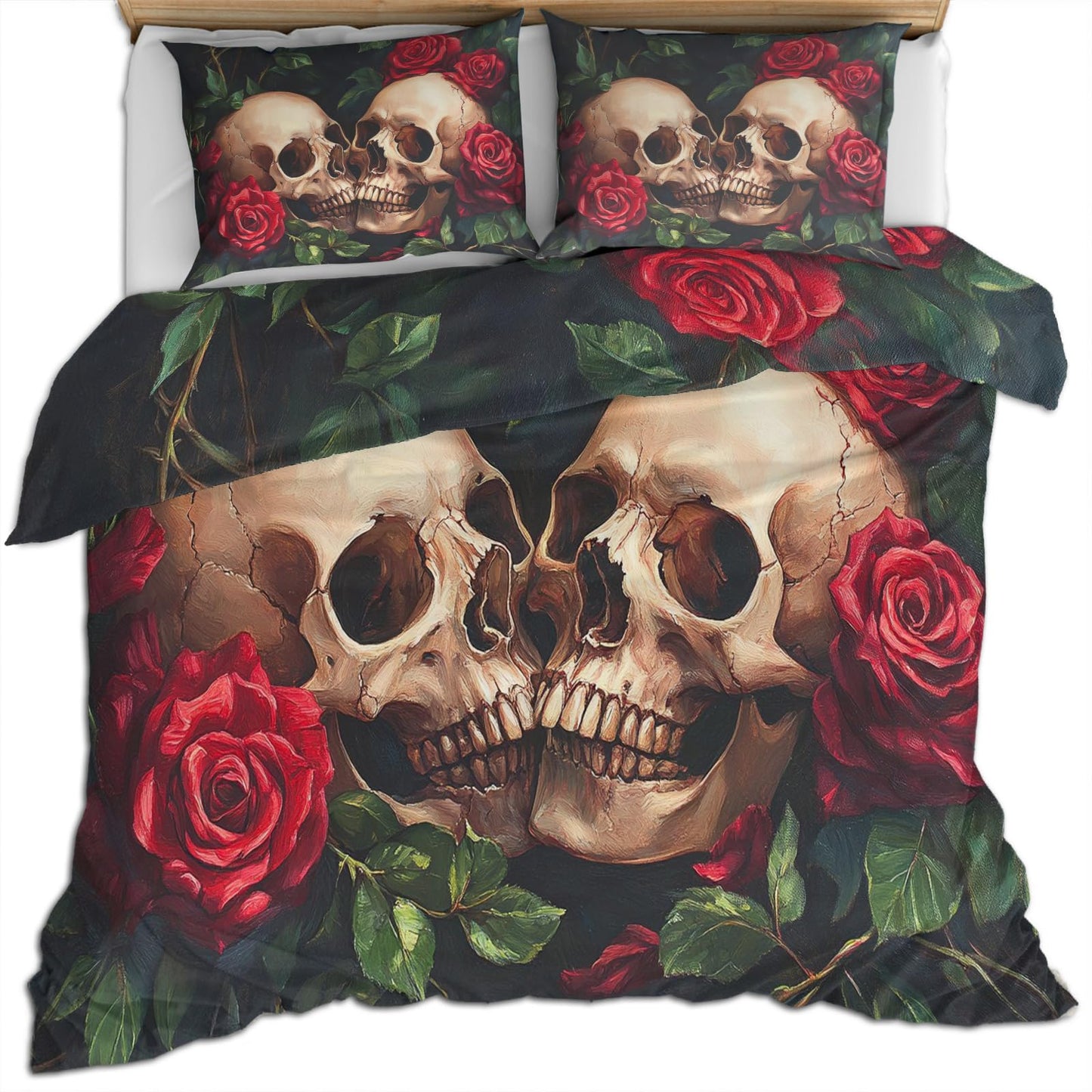 PAISUOQ Gothic Duvet Cover King Size, Hippie Skull Bedding Set, 3 Piece, Soft Microfiber Patterned Comforter Cover with Zipper Ties & 2 Pillowcase, Romantic Roses Bedroom Decor & Gifts