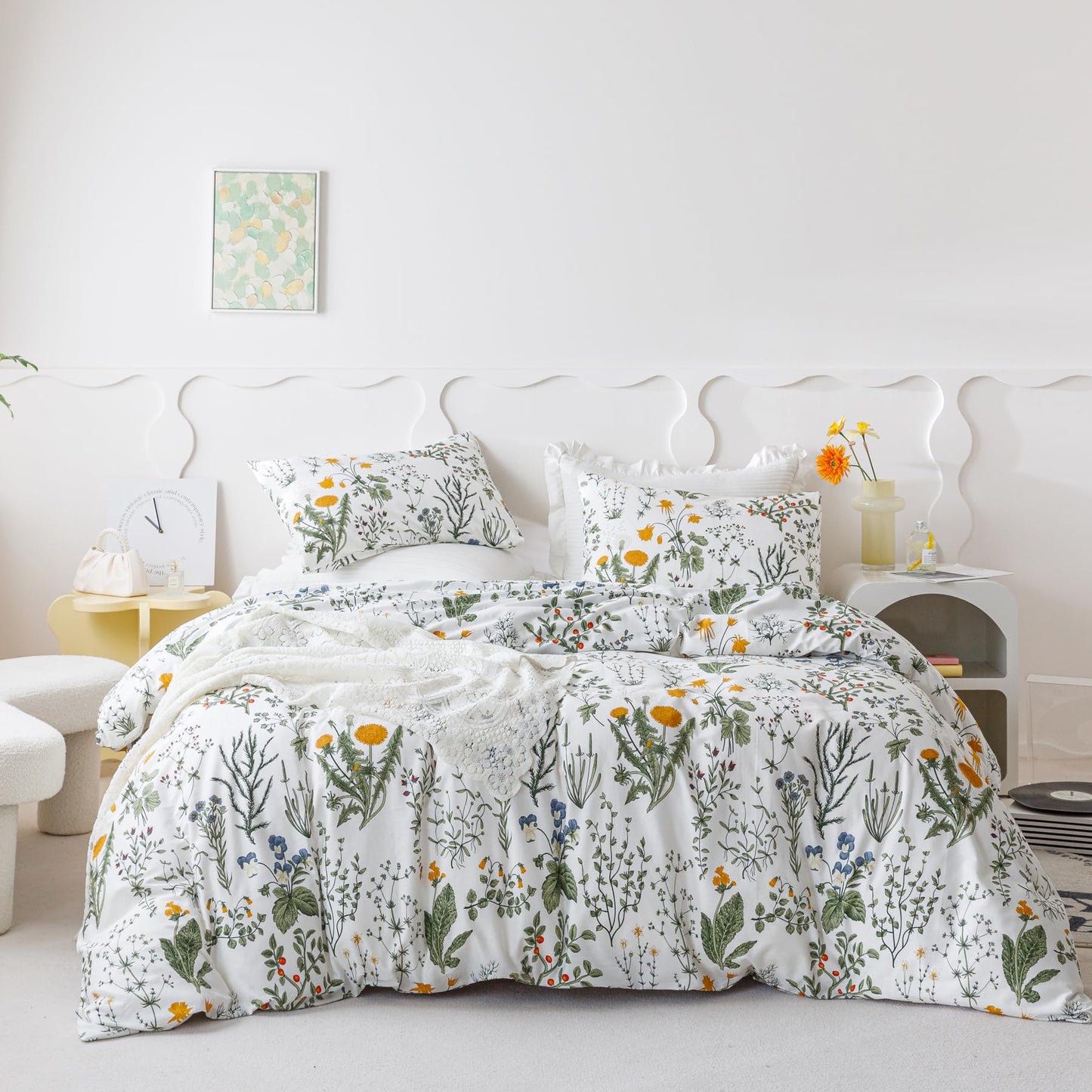 SUSYBAO Green Yellow Botanical Duvet Cover Queen 100% Cotton 3 Pcs Set 1 Garden White Dandelion Flower Duvet Cover with Zipper Ties 2 Pillowcases Sage Blue Floral Bedding Set Soft
