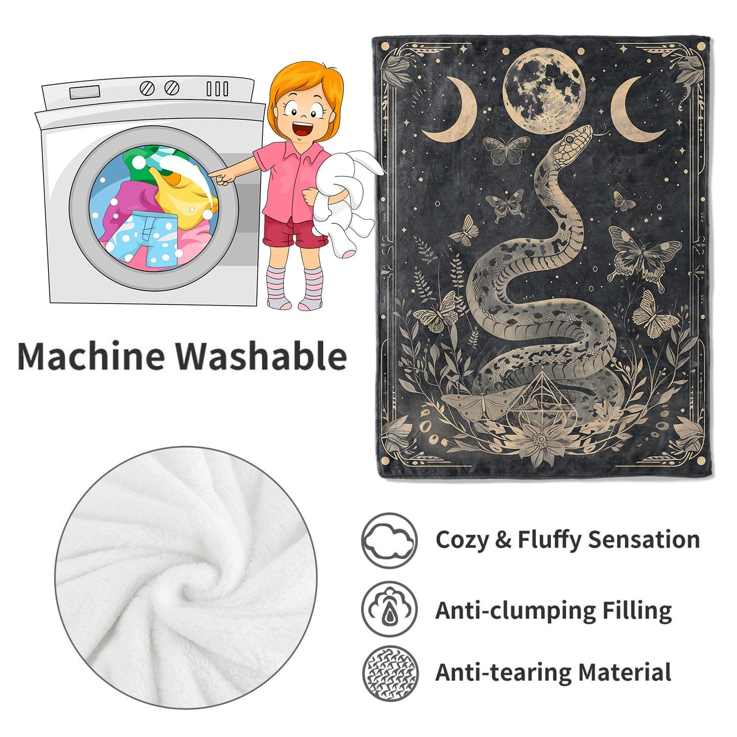 VODRM Mystic Snake Blanket Celestial Moon Throw Blankets,Birthday Gifts for Kids Adult,Lightweight Soft Fleece,with Astrology Butterfly,Sofa Couch Bed Room Horror Spiritual Decor 50x60in