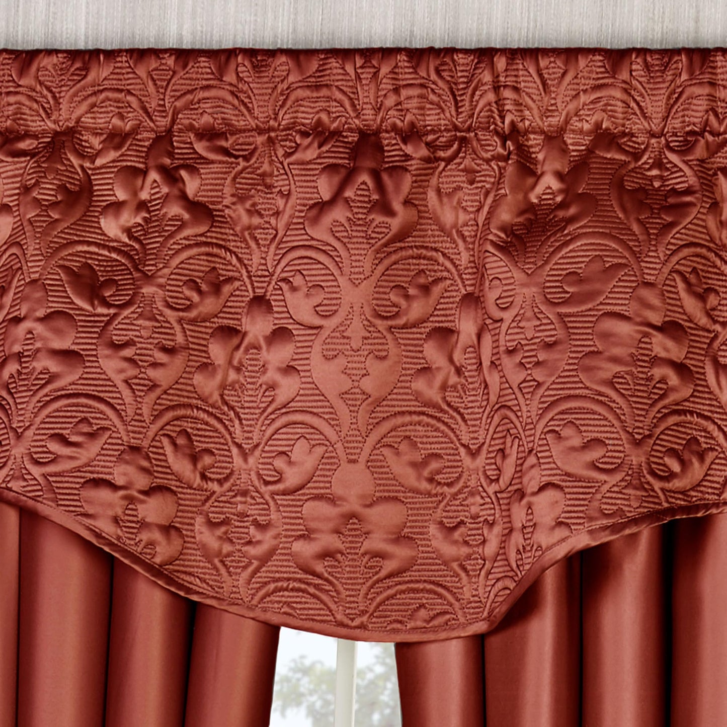 Cambridge Classic Luxury Window Treatment | Warm Cinnabar Solid Color Polyester Satin | Elaborate Damask Quilted Scalloped Valance | Drapery Set Includes Scalloped Valance & 84L Lined Curtain Pair