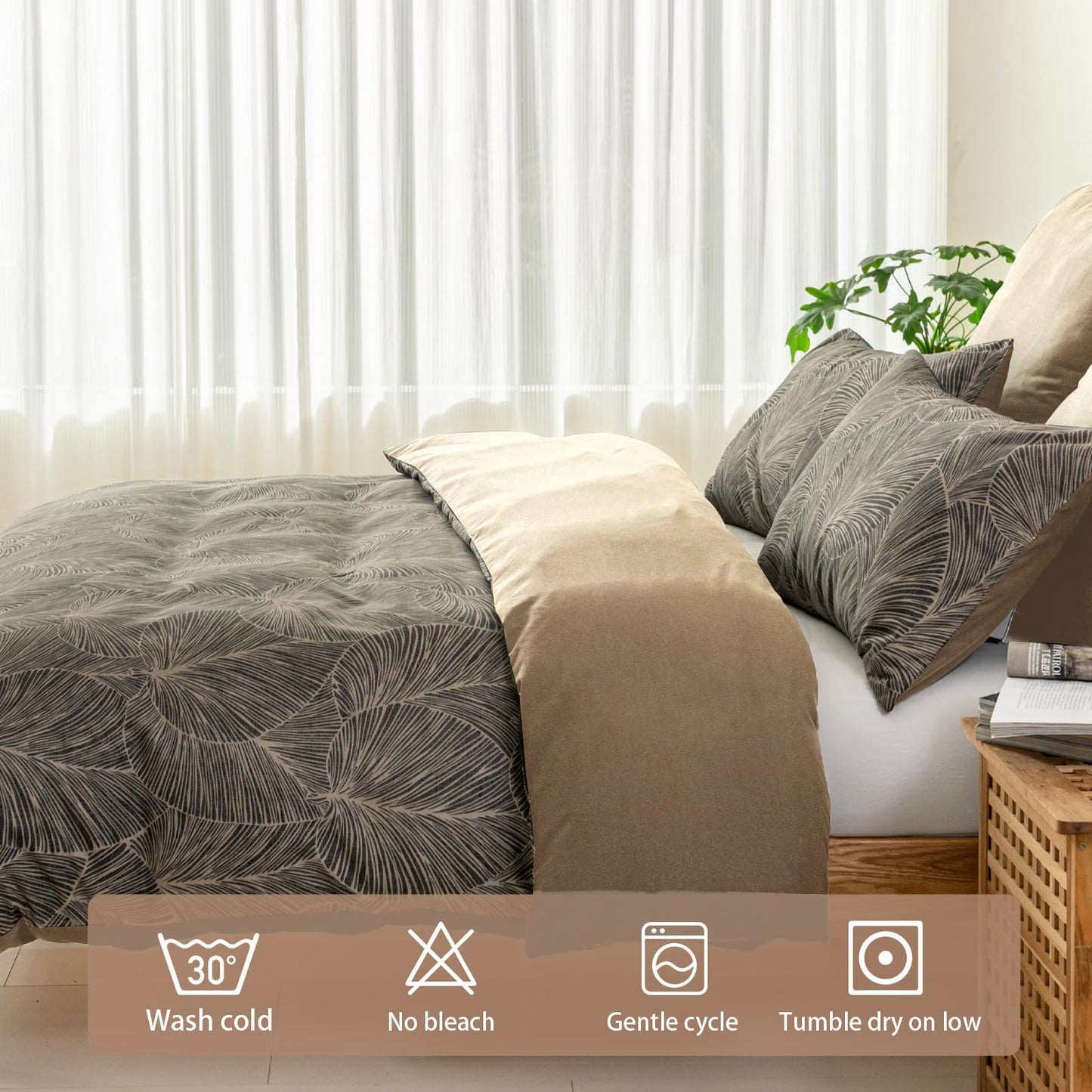 Lekesky Queen Size Duvet Cover Set, Reversible Queen Comforter Cover with Tropical Leaves Pattern, Soft 100% Washed Microfiber 3 Pieces Khaki Bedding Set with Zipper and 2 Pillowcases