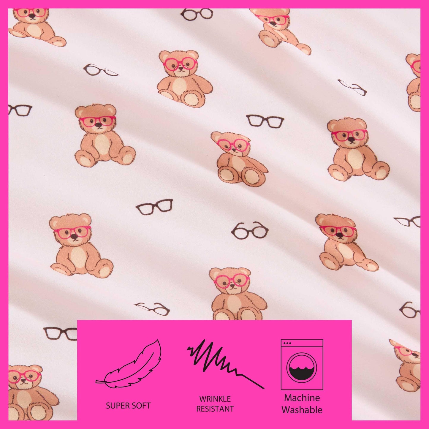 Betsey Johnson - Queen Size Sheet Set, Nerdy Teddies Print Microfiber Bedding with Deep Pocket Fitted Sheet, Bed Sheets with Matching Pillowcases, Nerdy Teddies Pink