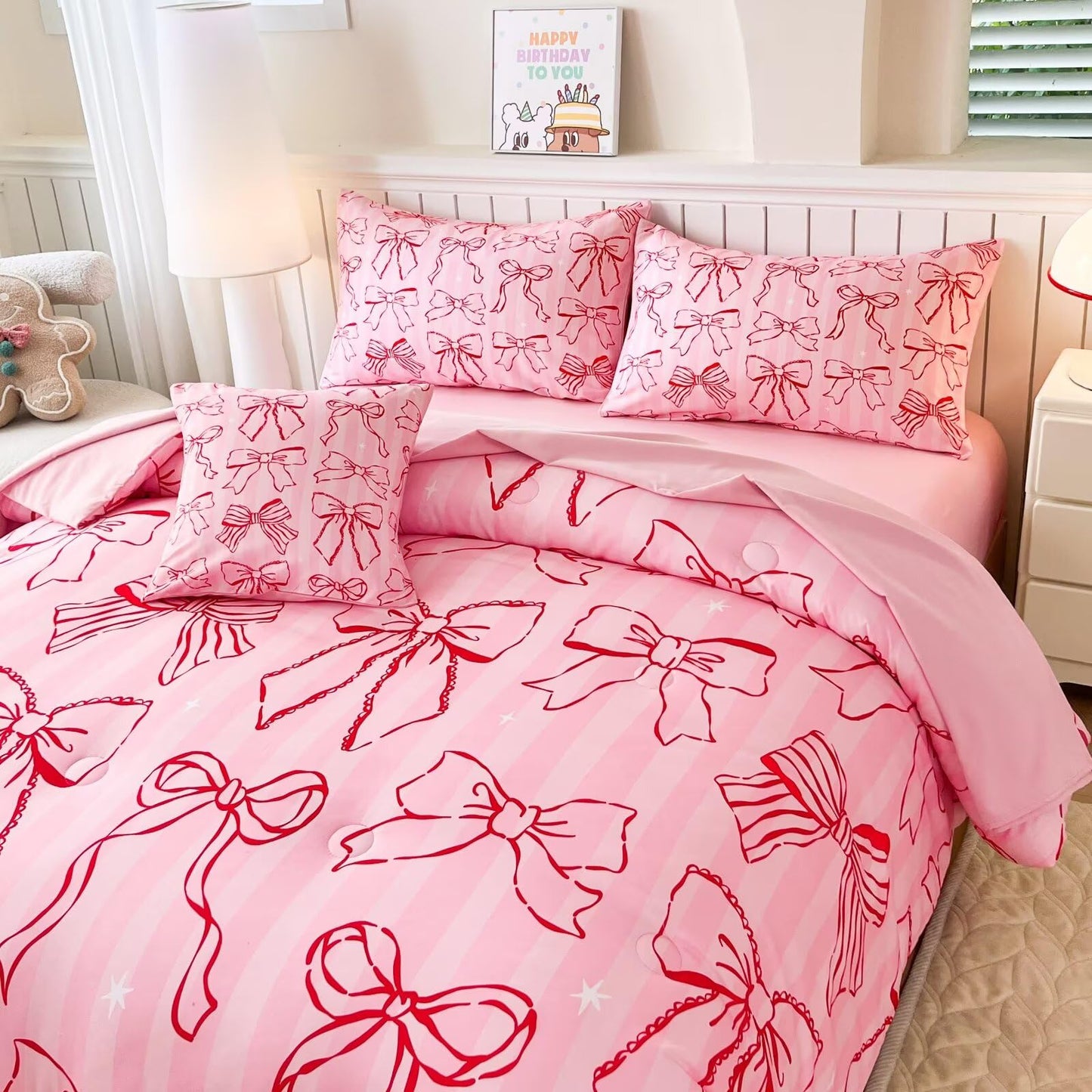 GRAT TIOC 6 Pieces Pink Bow Ribbon Comforter Set for Girls Twin,Girly Bed in A Bag Coquette Bows Bedding Set for Girl Kids (1 Comforter,1 Flat Sheet,1 Fitted Sheet,2 Pillowcases and 1 Cushion Cover)