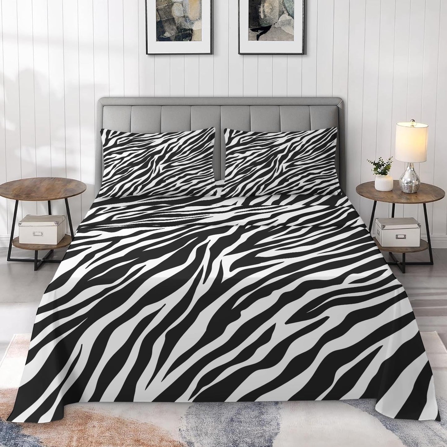 Pamnest Twin Size Bed Sheet Sets, Zebra Stripe Animal Soft Microfiber 3 Pcs Bedding Sets for Kids and Adults Bedroom Bed Decor, Black White Flat, Fitted Sheet and Pillowcases