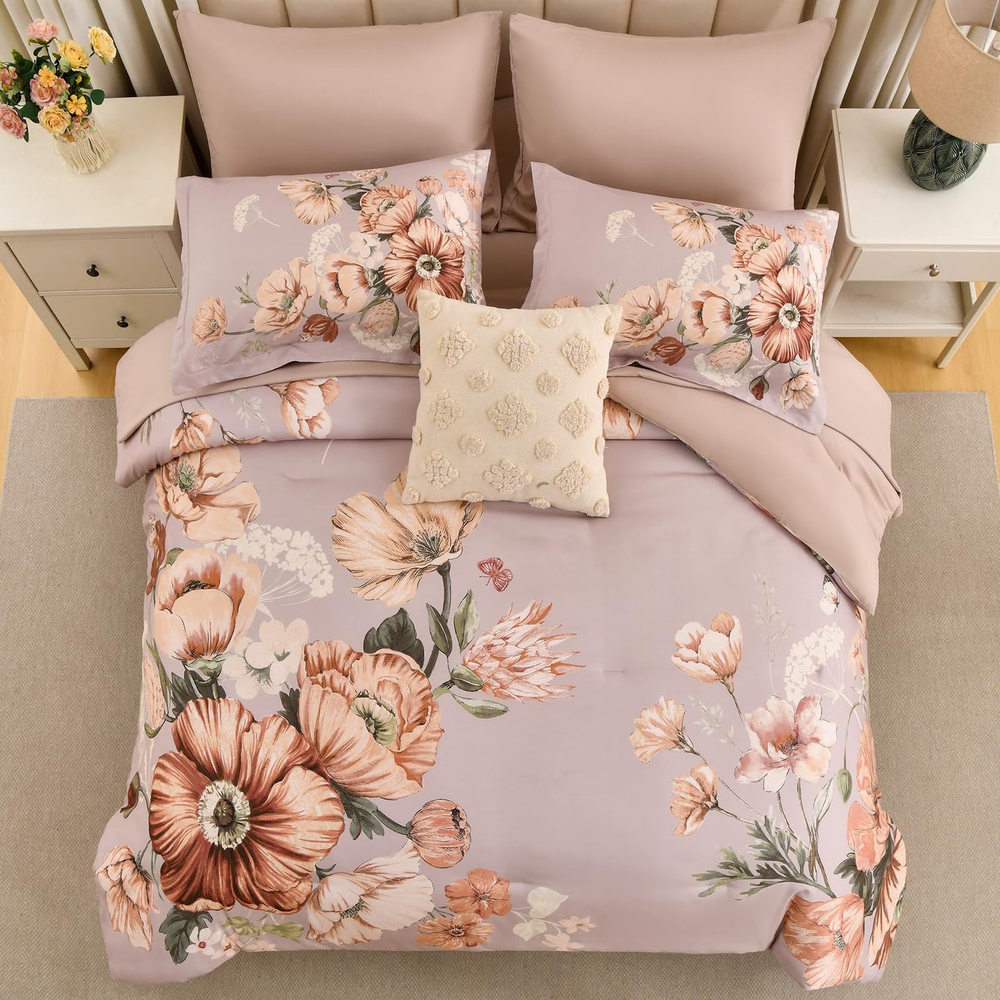 LLDSYW Queen Comforter Set - 7 Pieces Bed in a Bag Khaki Floral Queen Comforter Set with Sheets, Soft Microfiber Flower Complete Bedding Set for All Seasons（Khaki,90"x90"）