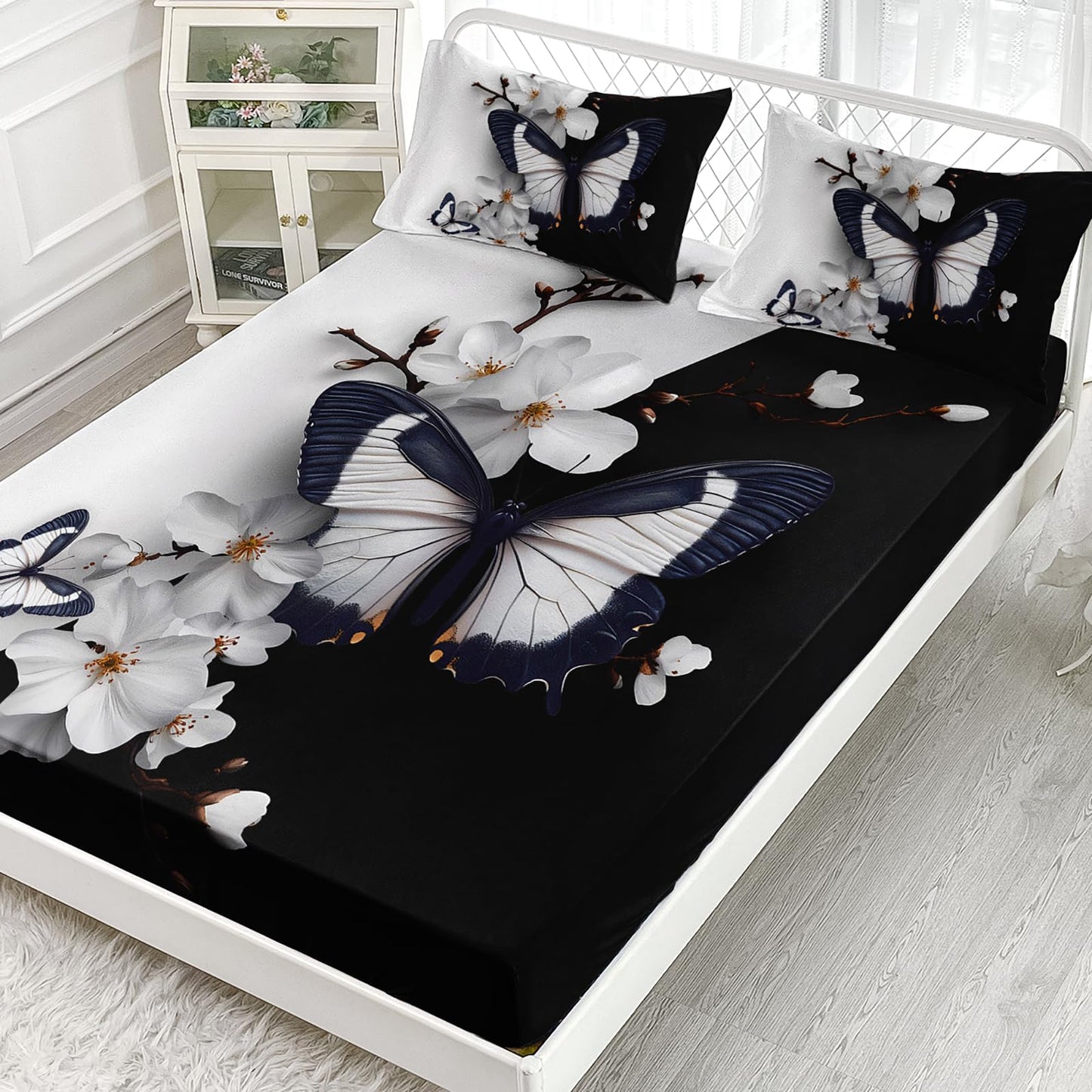 AILONEN 3D Butterfly Fitted Sheet Set Queen Size,Black and White Bed Sheet Set for Girls Women,Beautiful Flower Butterfly Printed Fitted Sheet with 2 Pillowcases,3Pcs