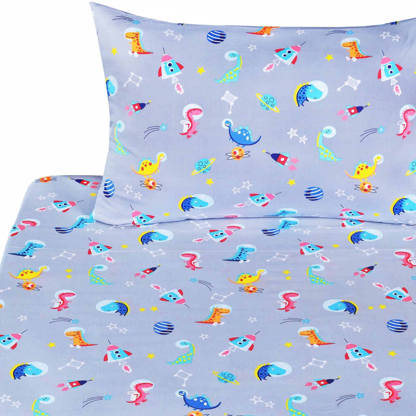 J-pinno Dinosaur Interstellar Exploration Universe Space Cute Adorable Twin Sheet Set for Kids Girls Boys Children,100% Cotton, Flat Sheet + Fitted Sheet + Pillowcase Bedding Decoration Gift Set