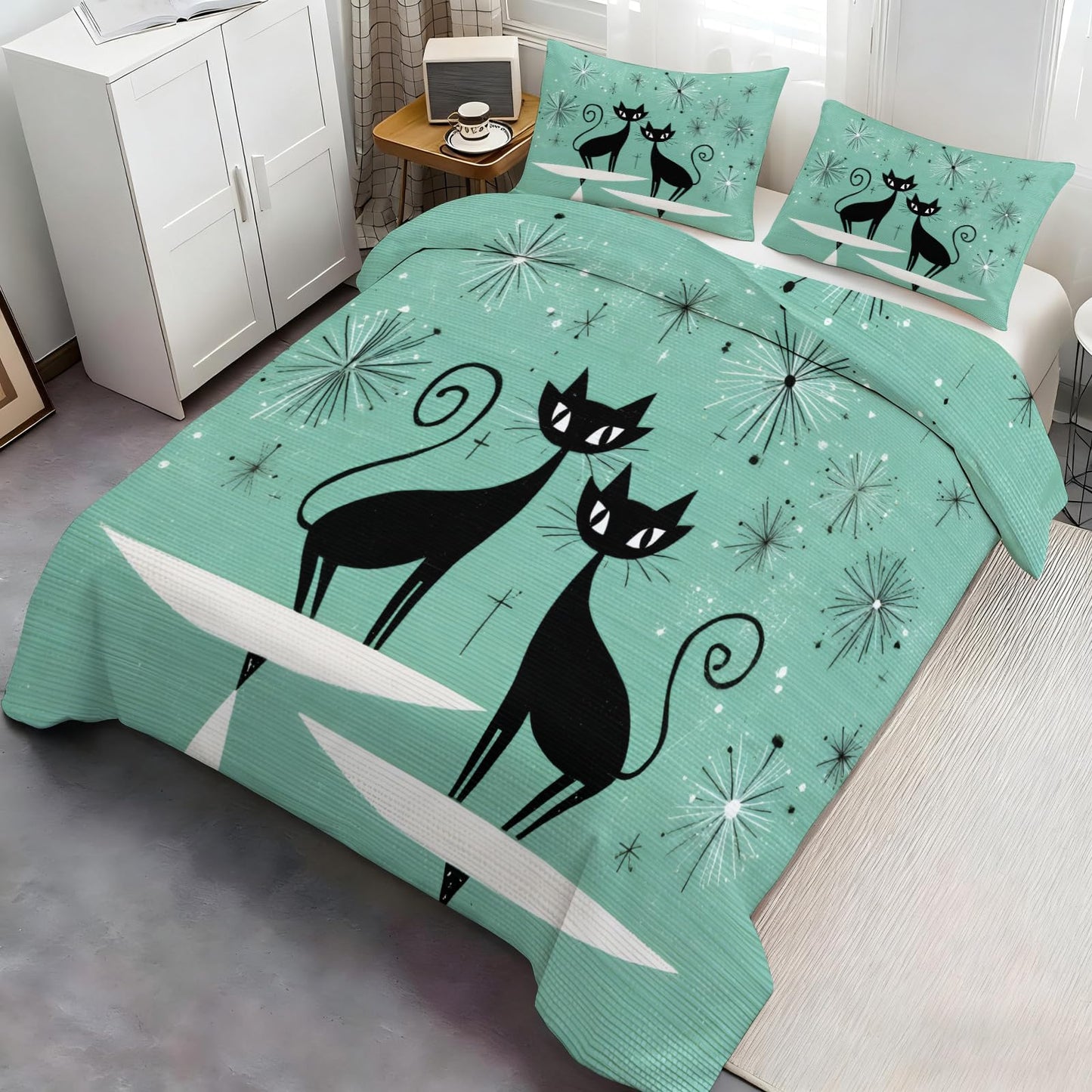 ZAMODE Cat Comforter Cover 90" x 90", Mid Century Black Cat Bedding Queen Size, Retro Atomic Duvet Cover with 2 Pillowcases