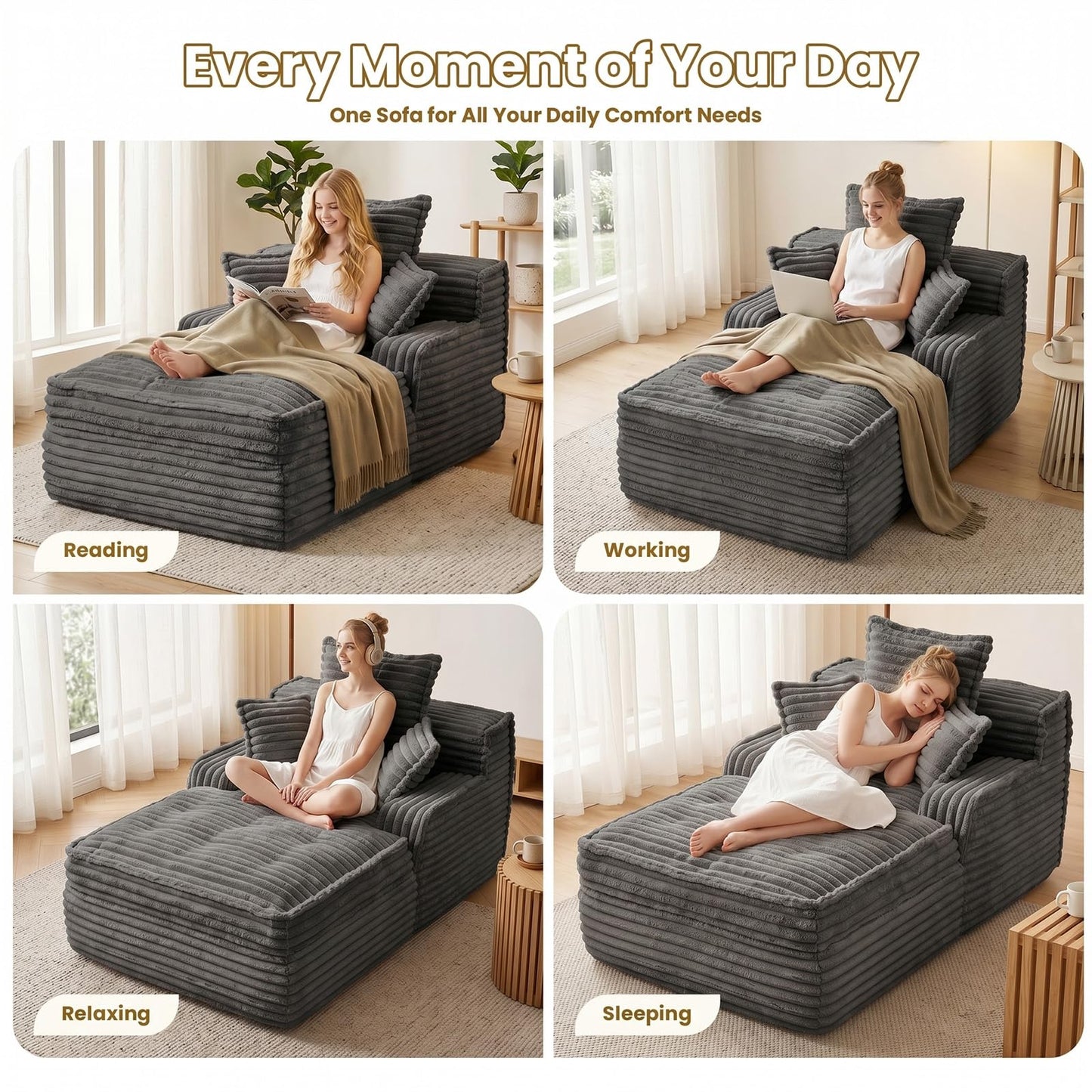 Ziydily 57 Inch Chaise Lounge Chair Indoor, Corduroy Upholstered Boneless Sofa Bed, Deep Seat Sleeper Couch Reading Chairs, Small Comfy Cloud Sofas Couches for Living Room, Bedroom, Grey