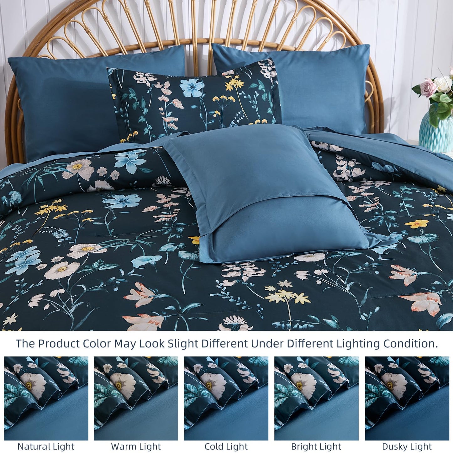 DJY Comforter Set King Size,Teal Blue Floral Bedding Comforter Sets,7 Pieces Bed in a Bag Lightweight Botanical Comforter Set with Sheets Pillowcases & Shams for All Seasons