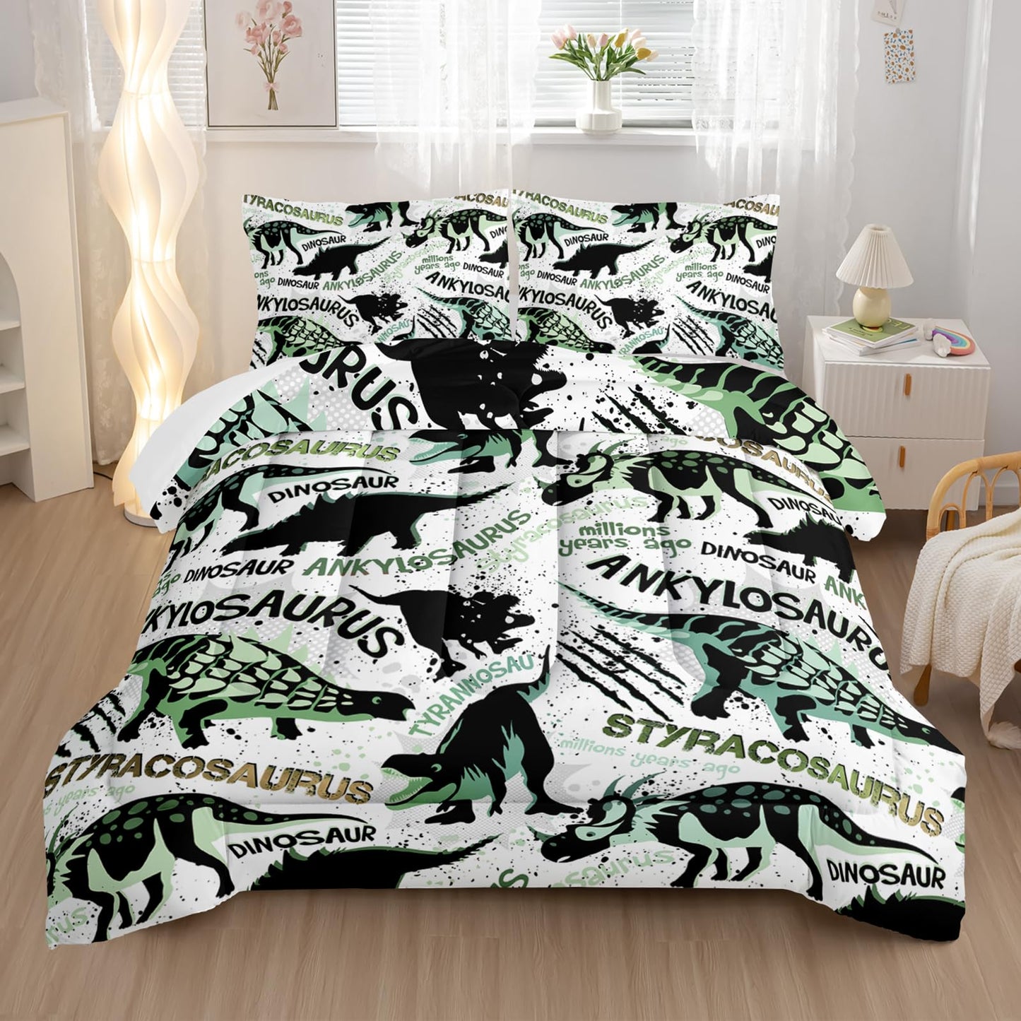 Nttopship Cartoon Dinosaur Comforter Sets 3 Pieces, Cute Animal Printed Bedding Sets for Boys Kids Adults Room Decor Comforter and 2 Pillowcases(Dinosaur Twin)