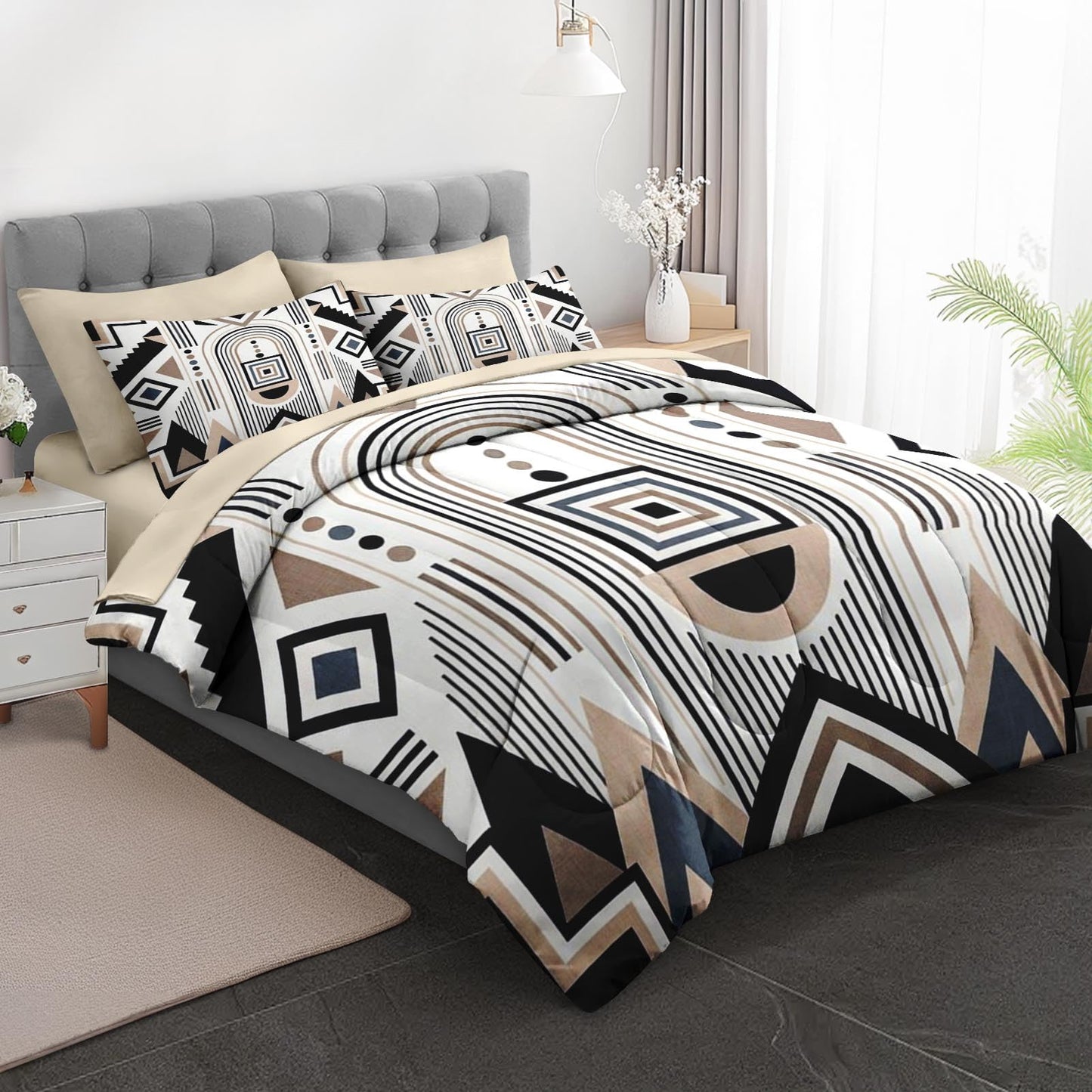 Boewywh Comforter Set Twin Size Geometric Aztec Southwestern 7 Pcs, Bedding for Kids and Adults, Boho Modern Bed Sheet Sets with Fitted Sheet 2 Pillowcases & 2 Shams for Bedroom Bed Decor