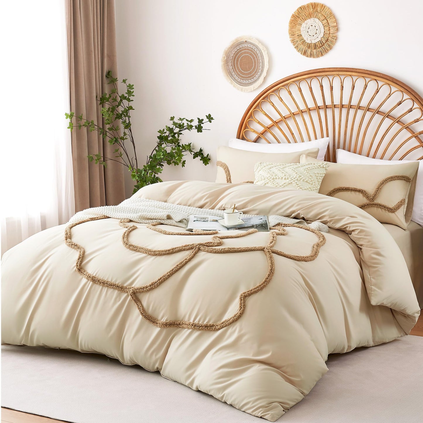 Ubo&Heng'er Duvet Cover Queen Size, 3 Pieces Duvet Covers Set, Boho Tufted Comforter Sets with Zipper Closure, Soft Breathable Floral Bedding Set for All Seasons(Beige, Queen, 90"x90")