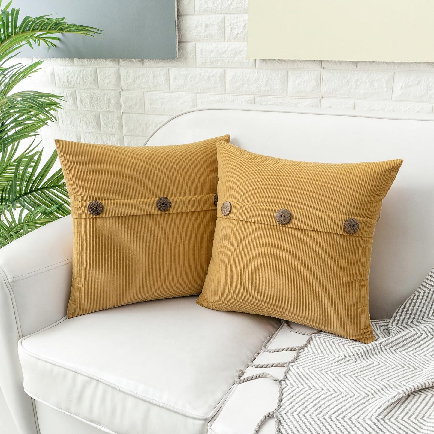 HWY 50 Mustard Yellow Chenille Throw Pillow Covers 16x16 Inch with Triple Buttons, Soft Farmhouse Accent Decorative Cushion Cases for Couch Sofa Bed Living Room Pack of 2