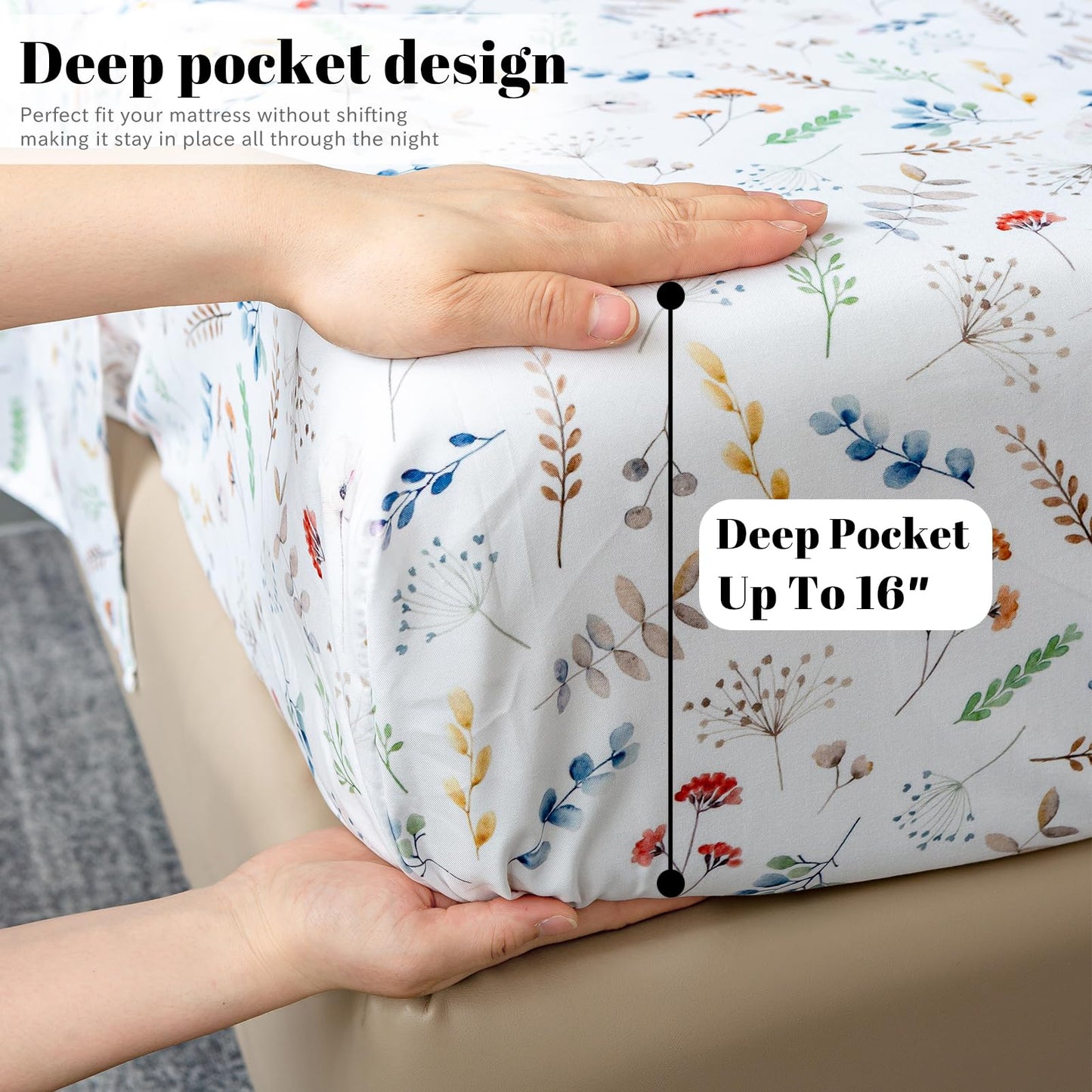 Bedlifes King Sheet Set Ultra Soft, Breathable, Silky Flower Deep Pocket 100% Microfiber Bedding, 4 Piece King Size White Floral