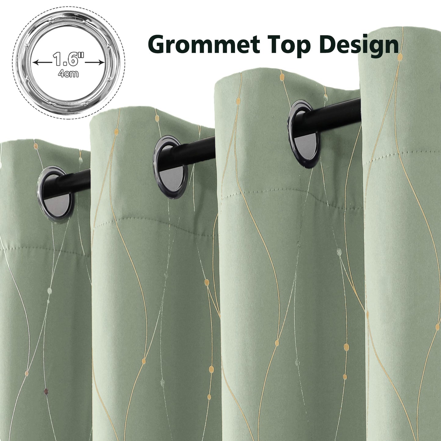 BUHUA Blackout Curtains Gold Foil Print Wave Line and Dots Grommet Drapes, Room Darkening Thermal Insulated Curtains, Noise Reducing Curtain for Bedroom, Sage Green, 52Wx72L, 2 Panels