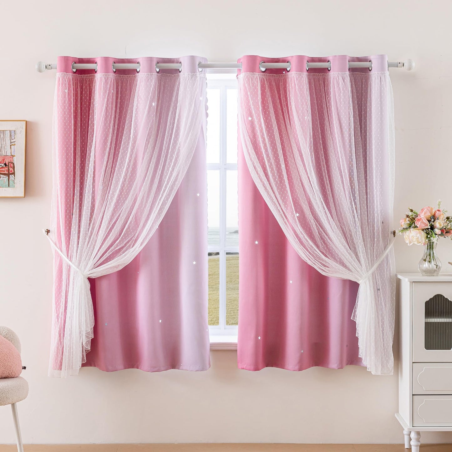 MYSKY HOME Pink Curtains for Girls Bedroom 63 Inches Long Nursery Girl Room Decor Blackout Curtain for Kids Room Ombre Design Star Cut Out Grommet Window Curtain, 34 x 63 in, Light Pink, 2 Panels