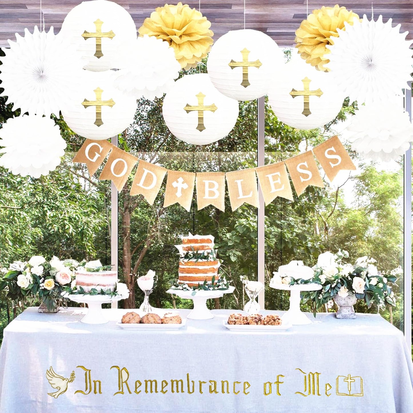 Large In Remembrance of Me Gold Thread Embroidery Altar Frontal Holy Communion Table Cloth Cover 96x52Inch White Rectangle Communion Table Cloth for Church for Gatherings Baptism Ceremonies(Gold)