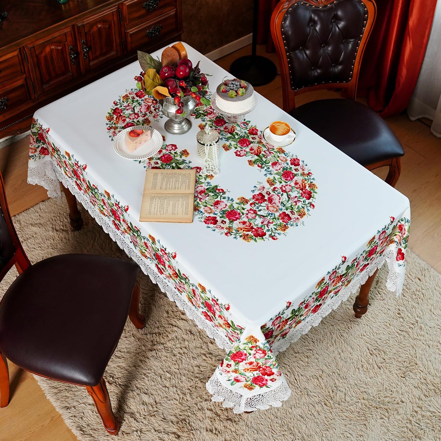 SUTAVIA Floral Lace Tablecloths Waterproof Rectangle Table Cloth Farmhouse Washable Table Cover for Home Holiday Thanksgiving Christmas Party Dining Table (White, 60"x104")