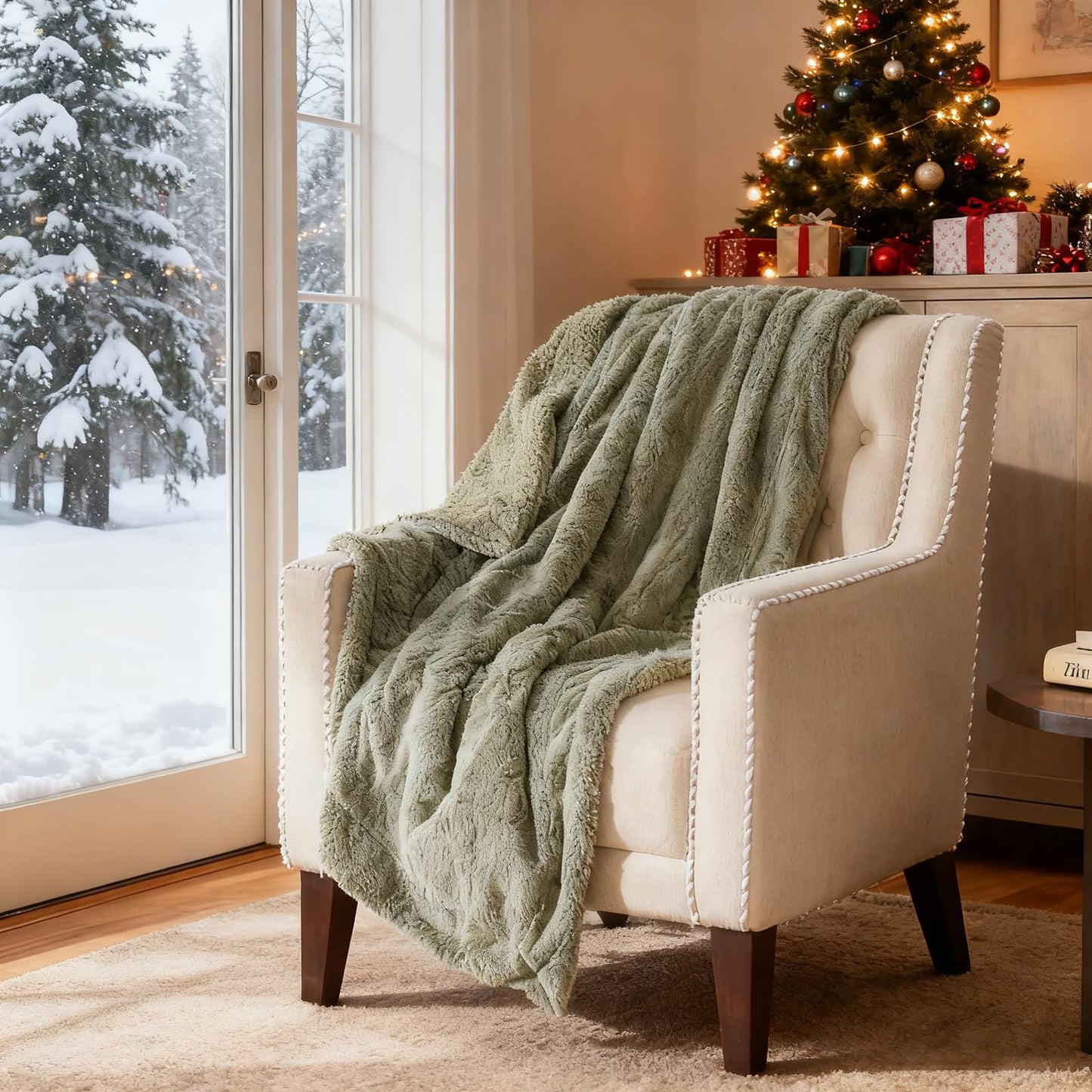 COZYART Lint Free Faux Fur Sherpa Throw Blanket, Reversible Soft Fluffy Shaggy Microfiber, Warm Cozy for Couch Sofa Bed Home Decor, Sage Green 50x60 Inches